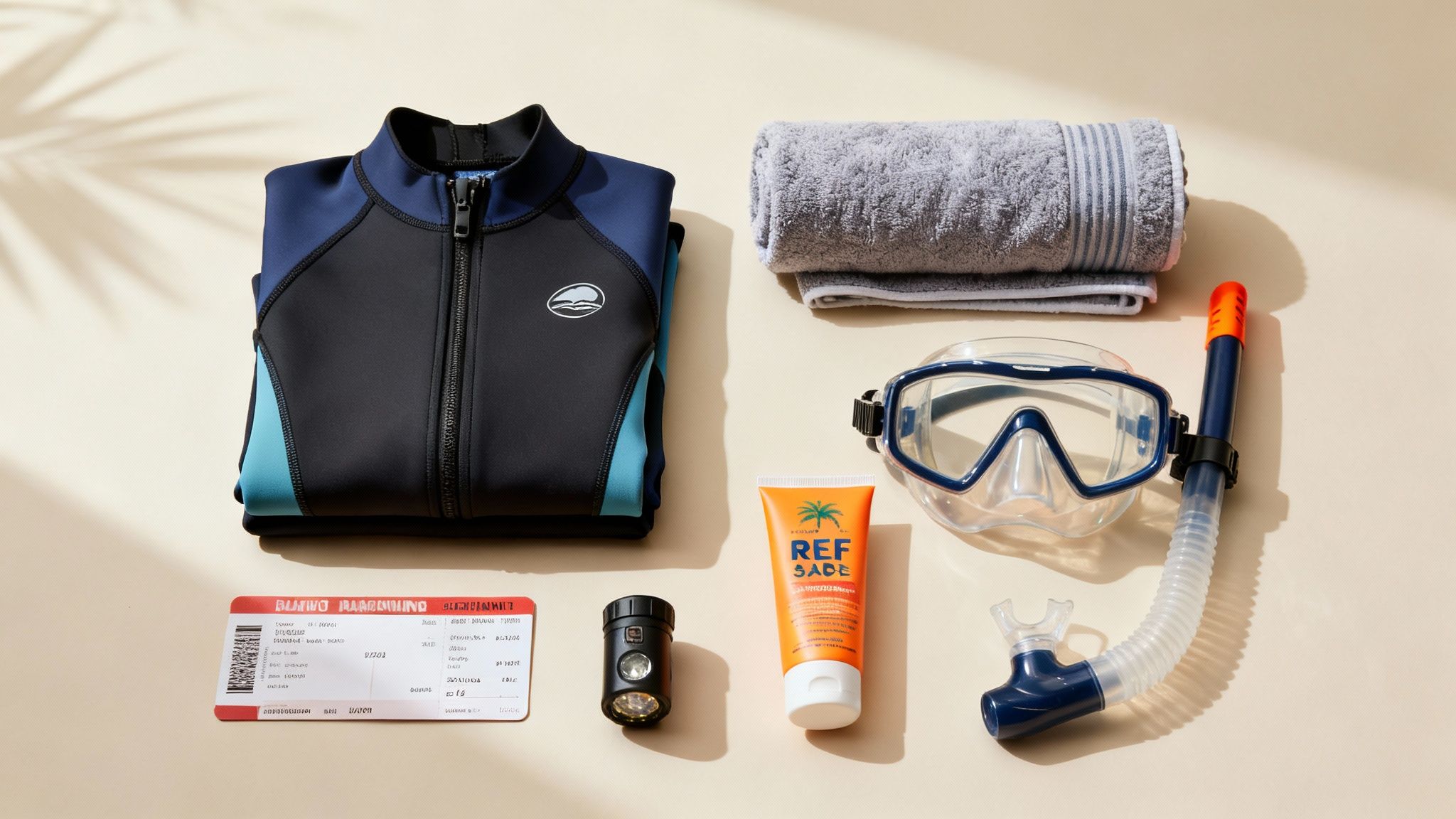 Flat lay of snorkeling and diving gear, including a wetsuit, mask, snorkel, and sunscreen.