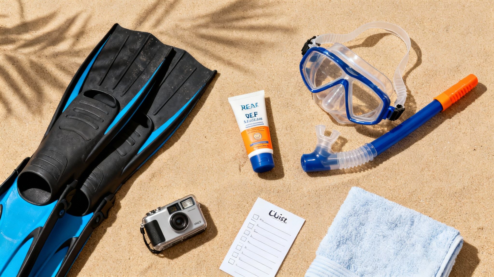 Snorkeling gear and beach essentials including flippers, mask, snorkel, sunscreen, camera, and towel lay on sand.