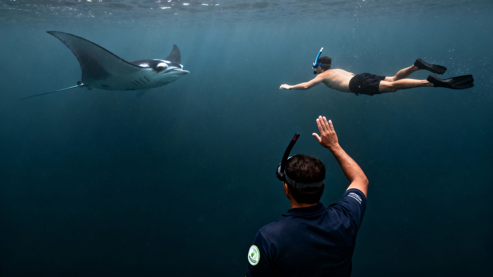 A close-up shot of a manta ray&#39;s eye, showcasing its gentle and intelligent nature.