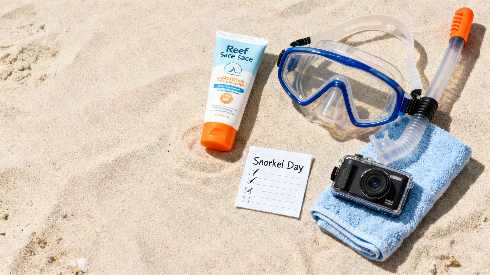 A snorkeler applies reef-safe sunscreen on the deck of a boat with the blue ocean in the background.