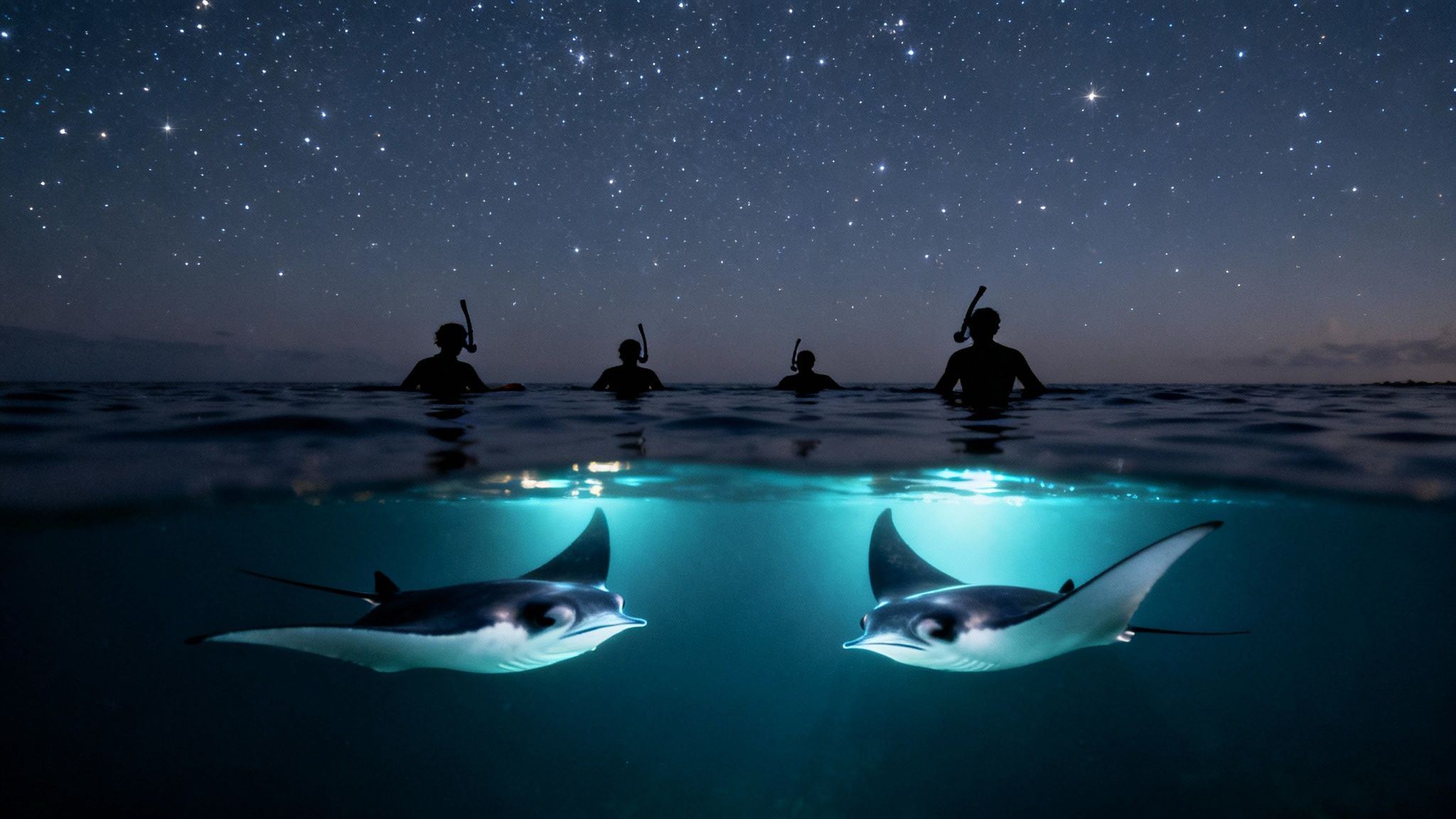 A manta ray gracefully swims near the surface at night, illuminated by tour lights.