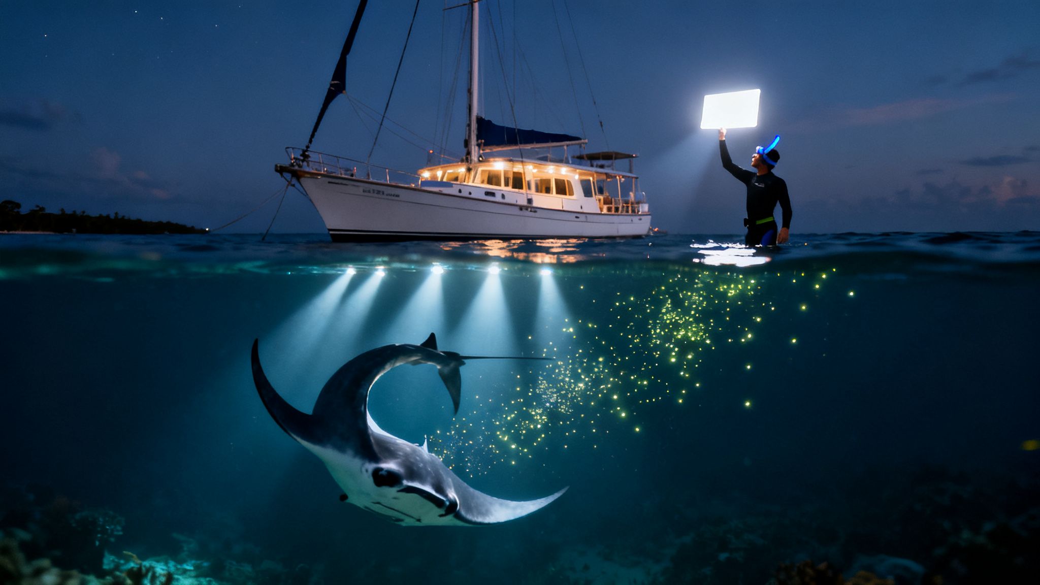 Night scene of a diver illuminating a manta ray near a boat, split view above and below water.