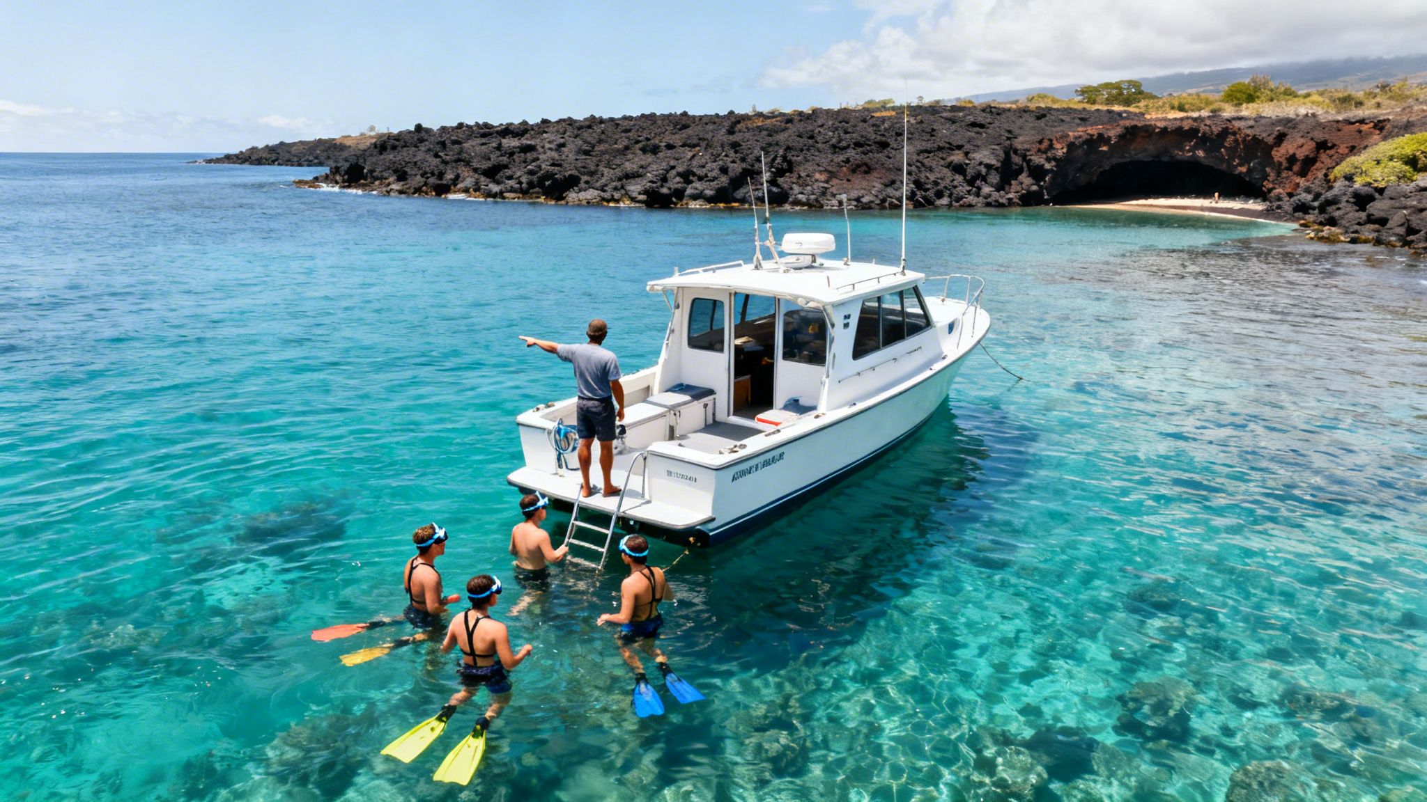 A man on a boat points to a rocky coastline as snorkelers prepare to swim in clear blue water.