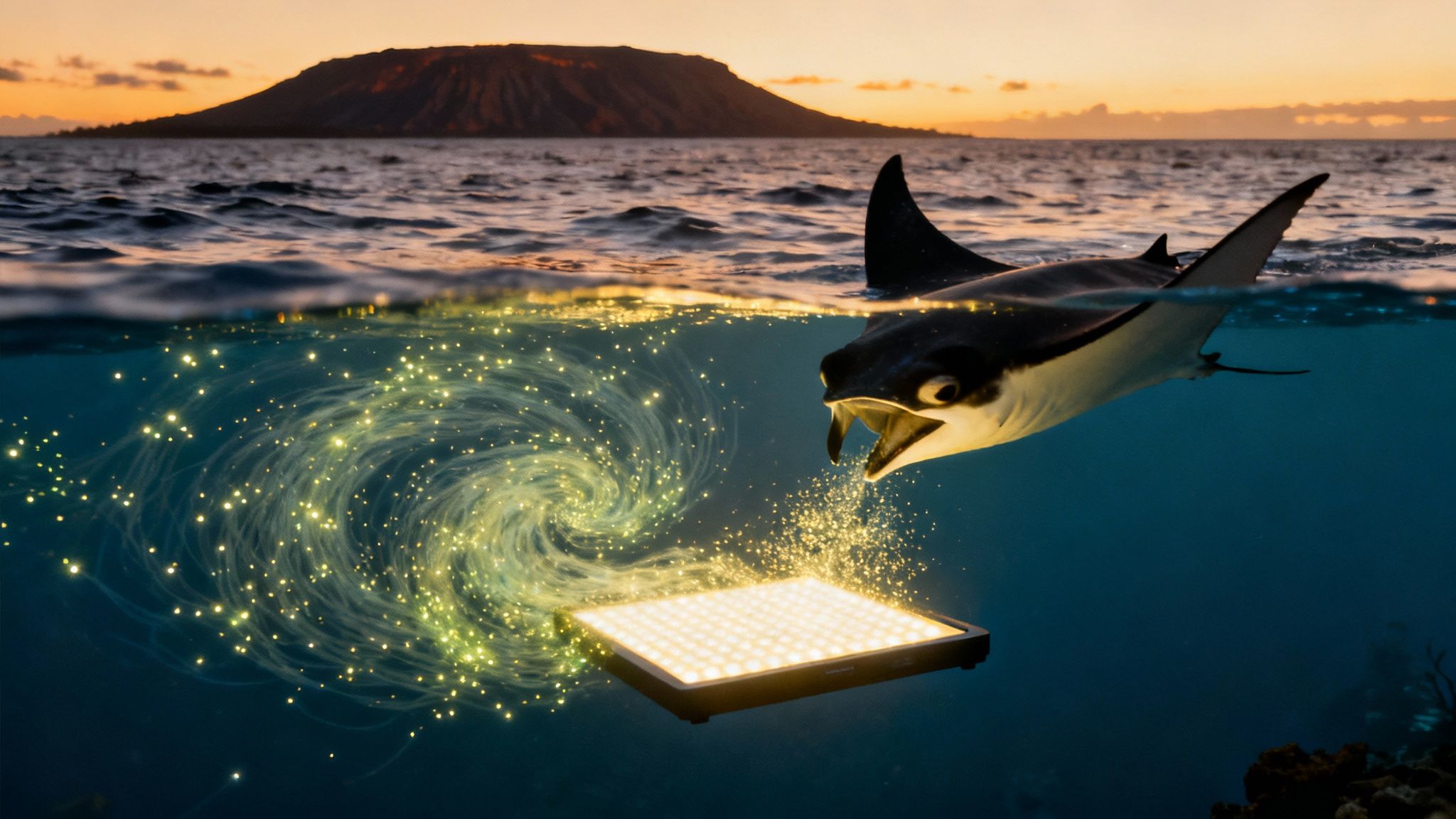 Manta ray investigating a glowing light source underwater with an island sunset above.