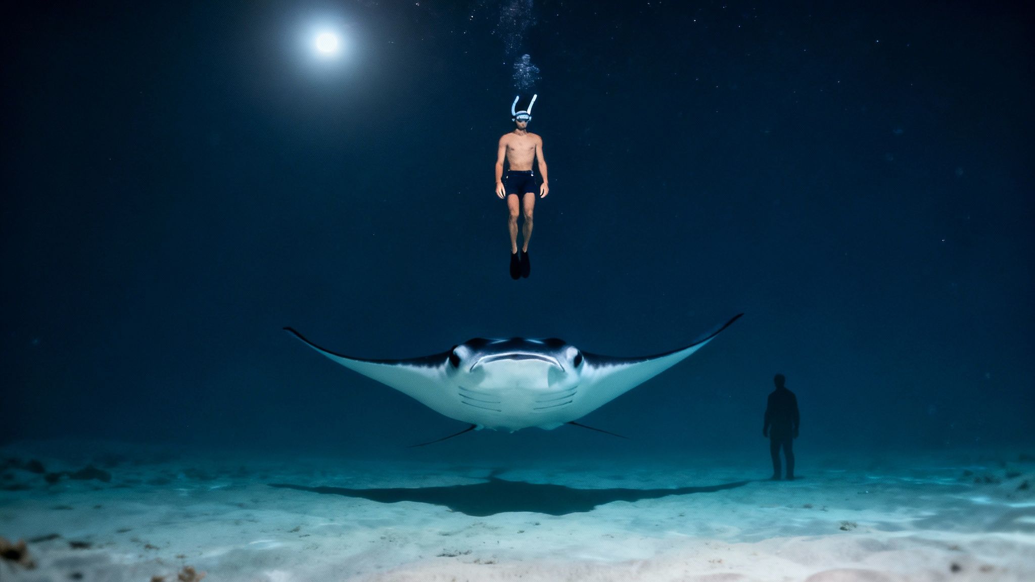 A large manta ray glides gracefully just below the surface as snorkelers watch from above.