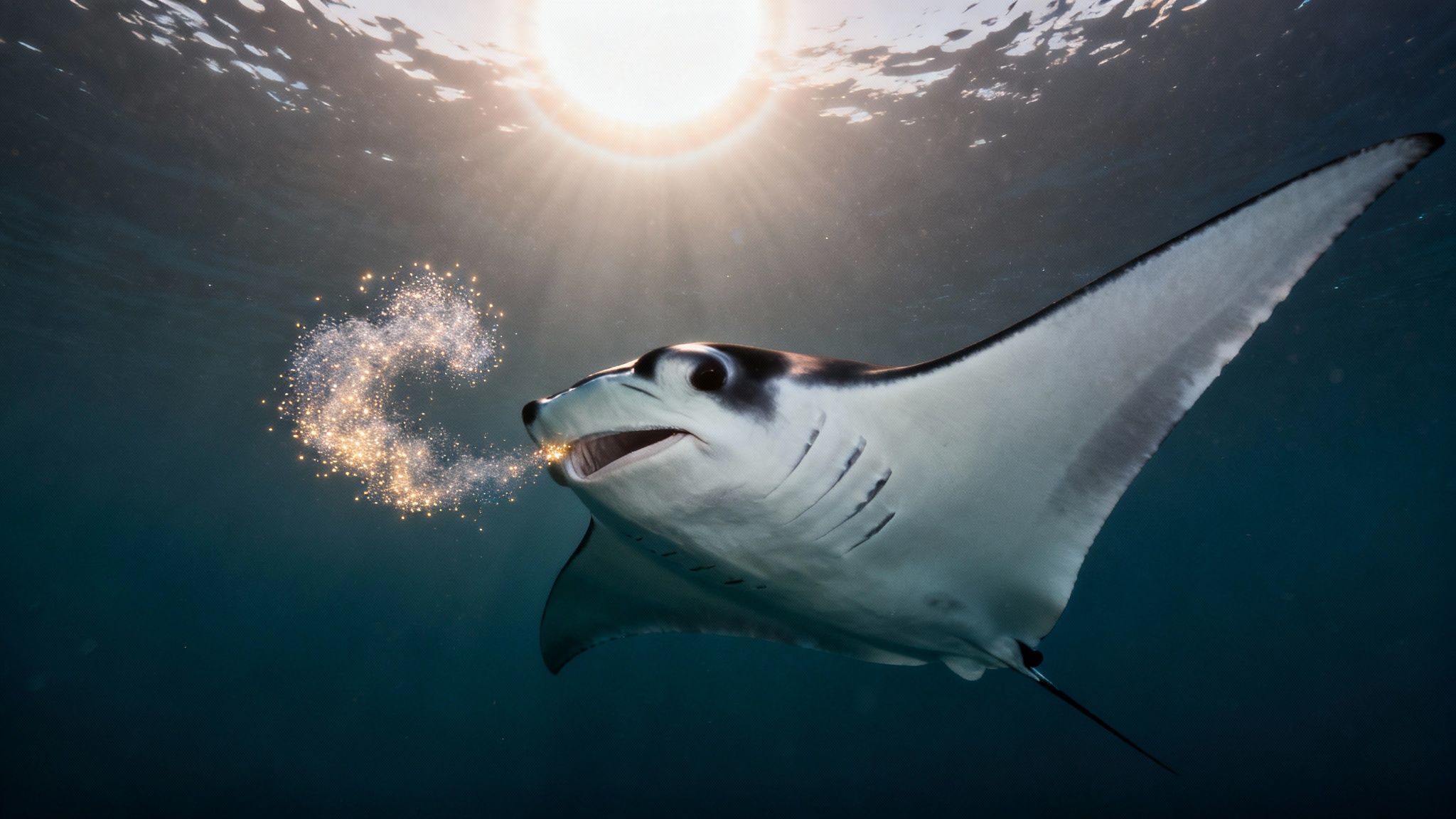 Magical underwater scene with a manta ray blowing golden heart-shaped sparkles towards sunlight.