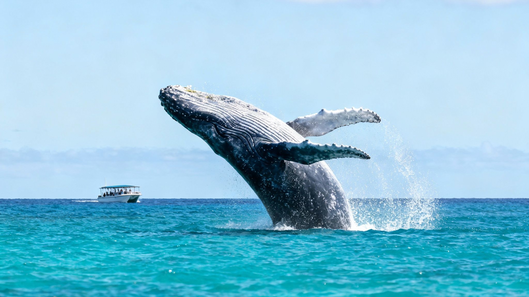 A majestic humpback whale breaches out of vibrant blue ocean water, observed by a distant boat.