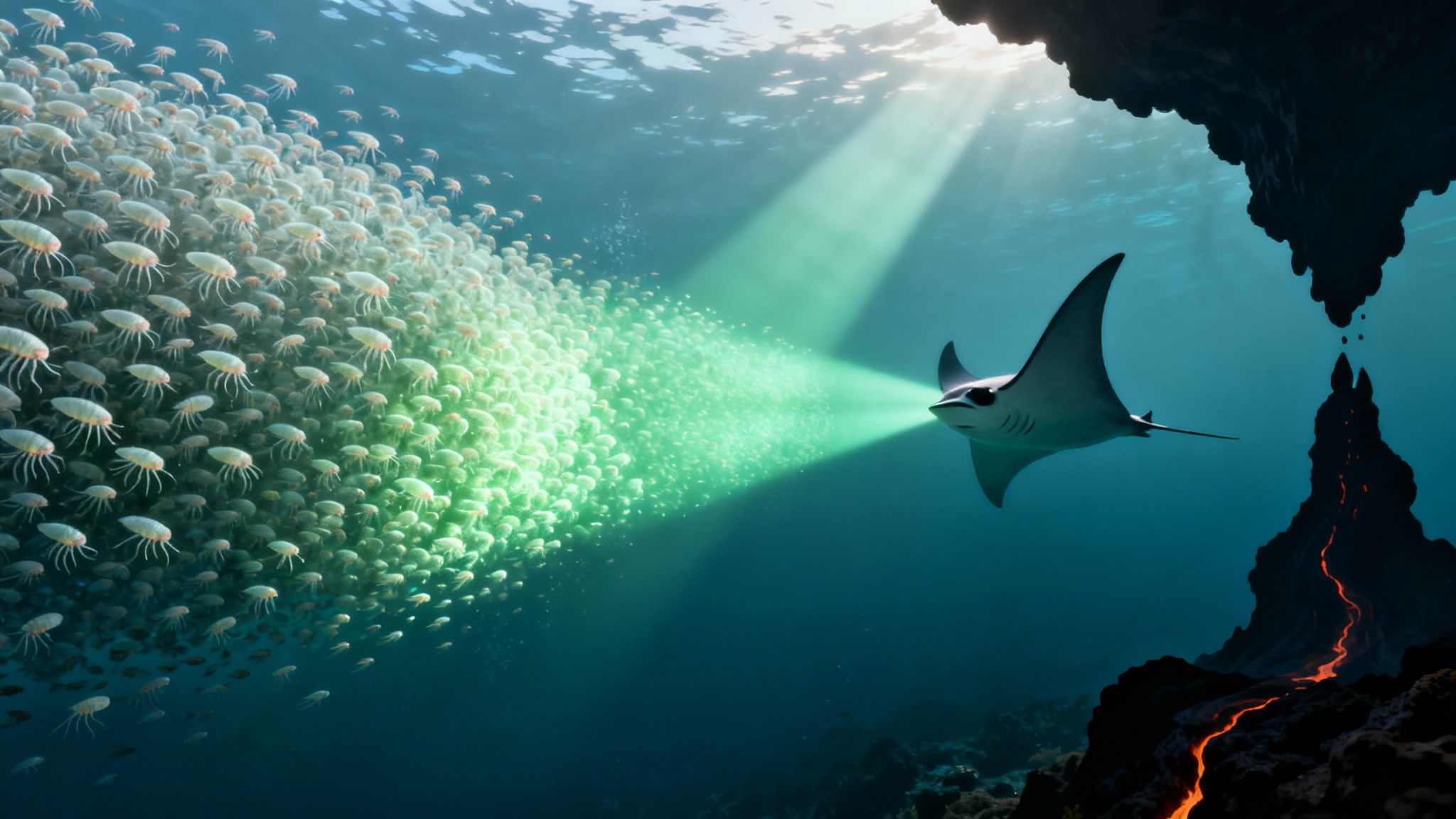 A manta ray illuminates a glowing plankton school while sunbeams penetrate the water near an active underwater volcano.