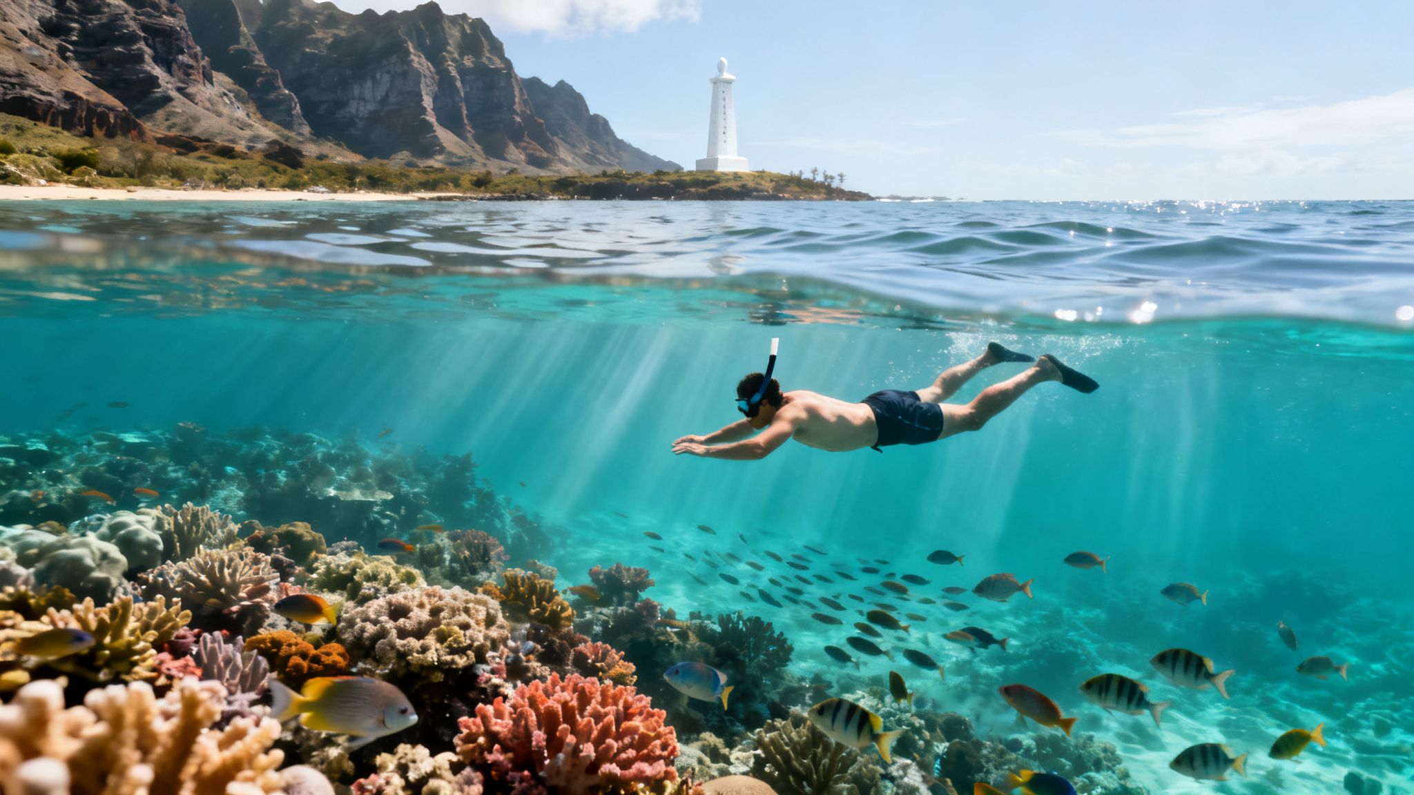 Man snorkeling over a vibrant coral reef with colorful fish, a lighthouse and mountains above.