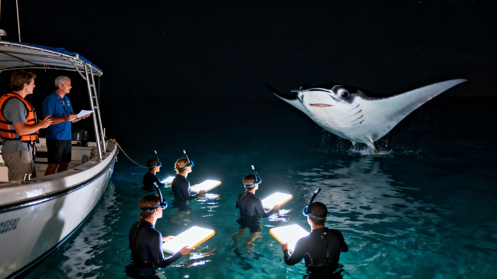 People night snorkeling with illuminated boards as a large manta ray breaches from the ocean.