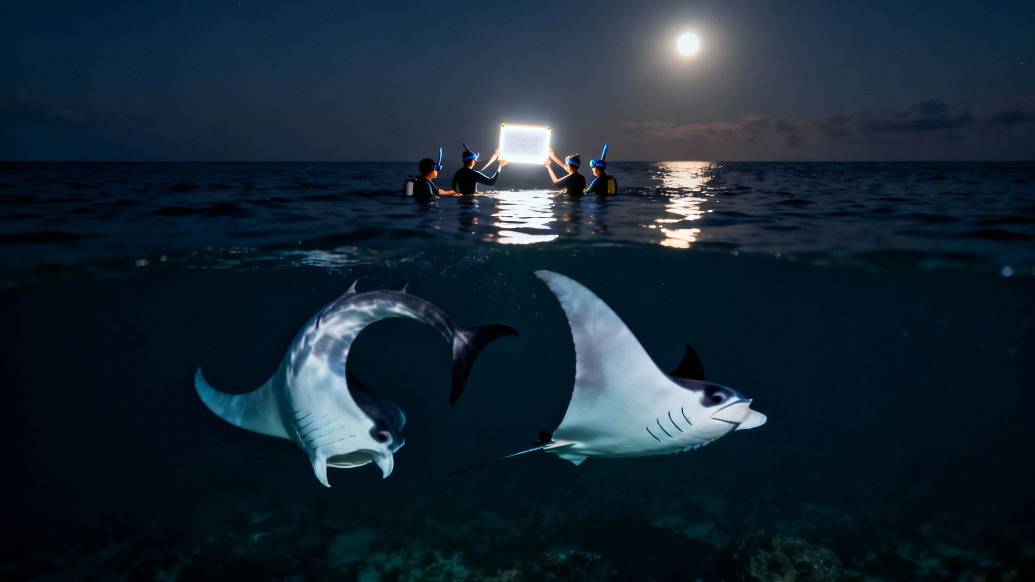 Four snorkelers illuminate two manta rays swimming at night under a full moon.
