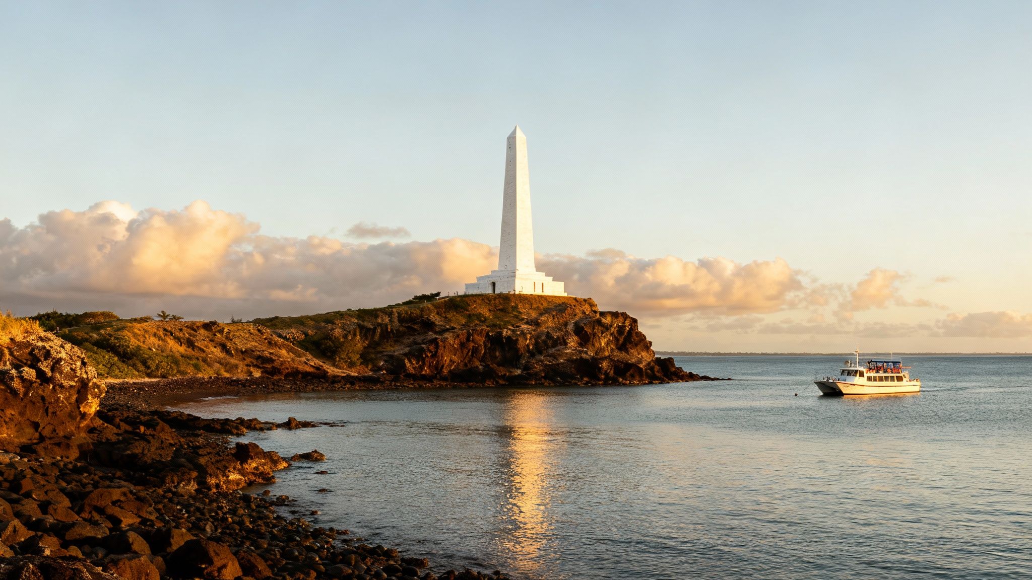 A white obelisk stands tall on a rocky cliff overlooking the ocean at sunrise, with a boat nearby.