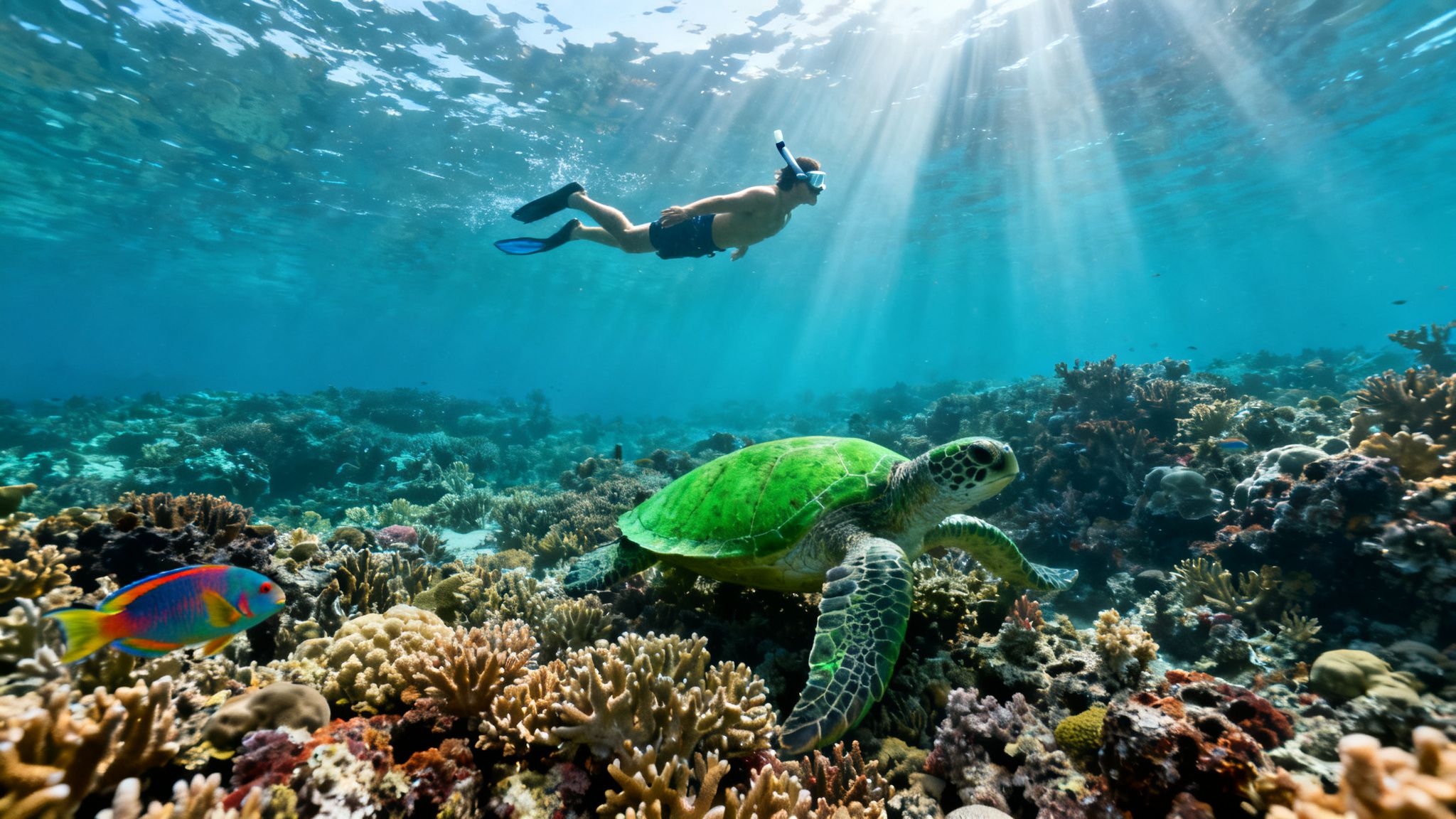 Man snorkeling near a green sea turtle and colorful fish on a vibrant coral reef.