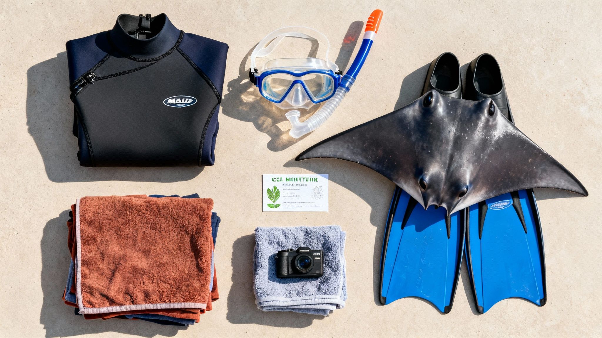 Snorkeling and diving gear flat lay: wetsuit, mask, snorkel, fins, camera, towels, and a manta ray replica.