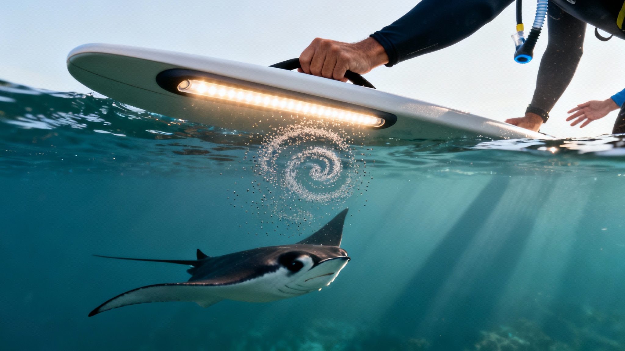 A large manta ray swims gracefully underwater beneath a person holding a lit water board.