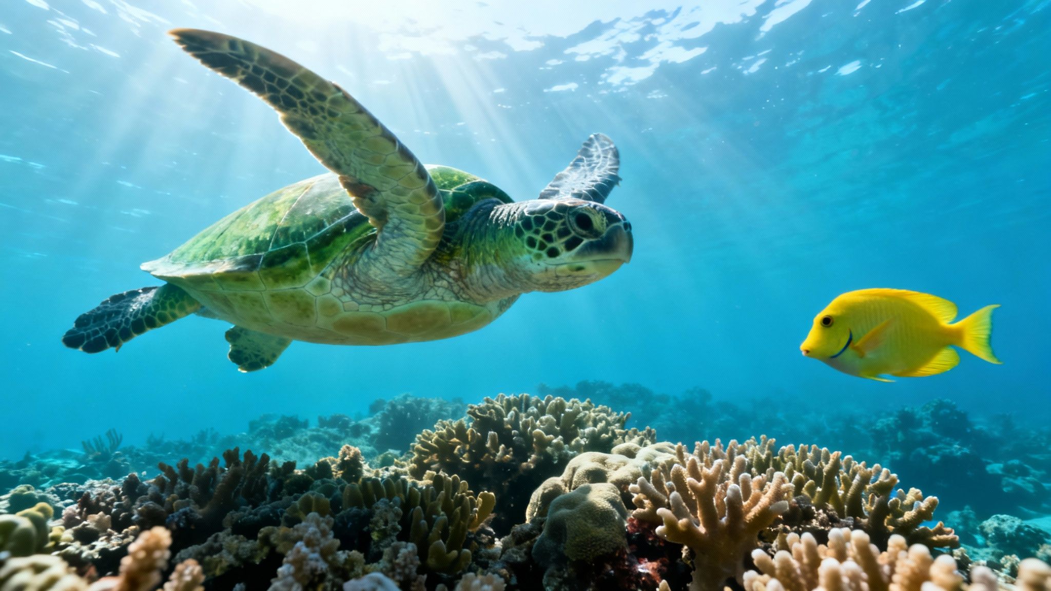 A majestic green sea turtle swims gracefully over a vibrant coral reef, with a bright yellow fish nearby.