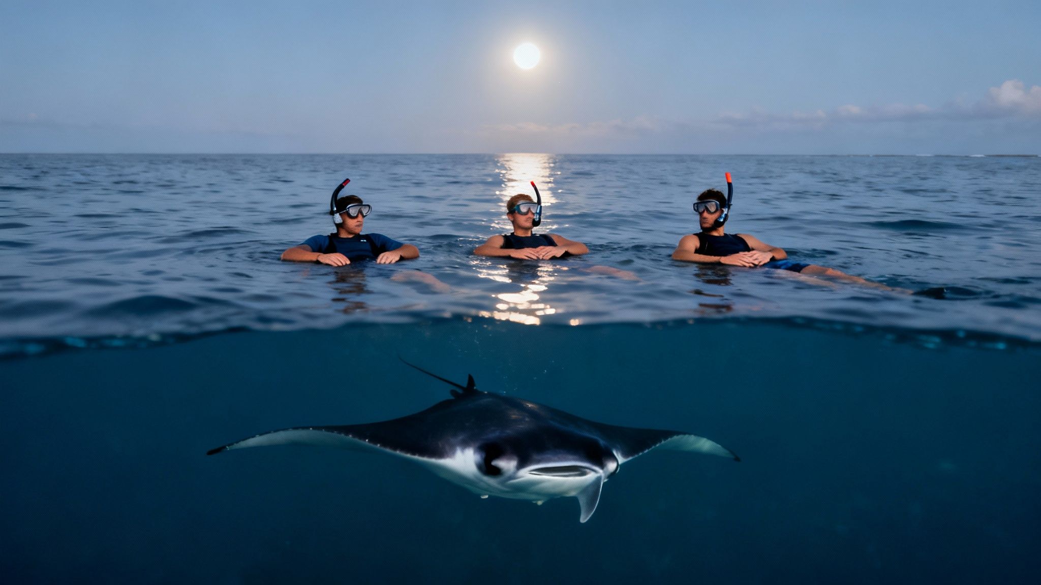 Three snorkelers float on the ocean surface under a full moon, with a majestic manta ray swimming below them.