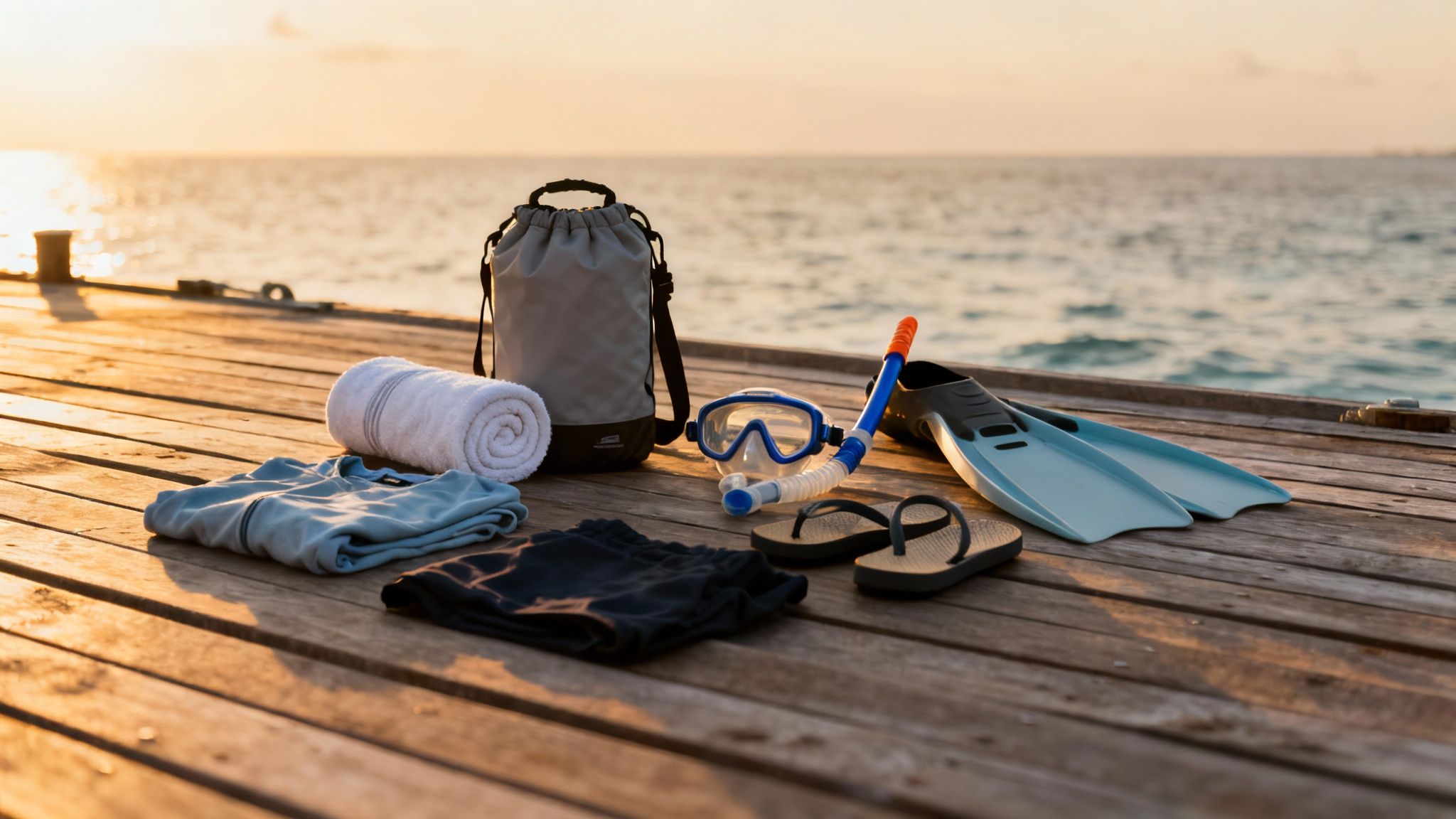 Snorkel gear, beachwear, and a towel laid out on a wooden pier at sunset by the ocean.