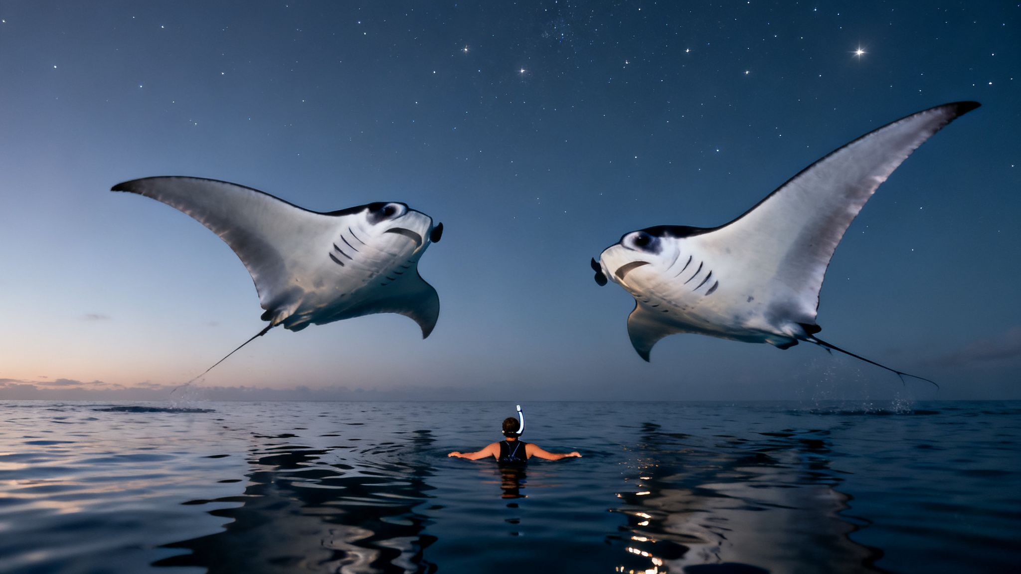 Person snorkeling at night in ocean with two large manta rays jumping under a starry sky.