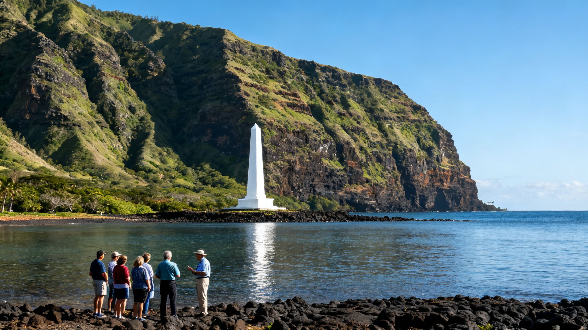 Tourists on a rocky shore listen to a guide, with a white monument, blue bay, and green mountains.