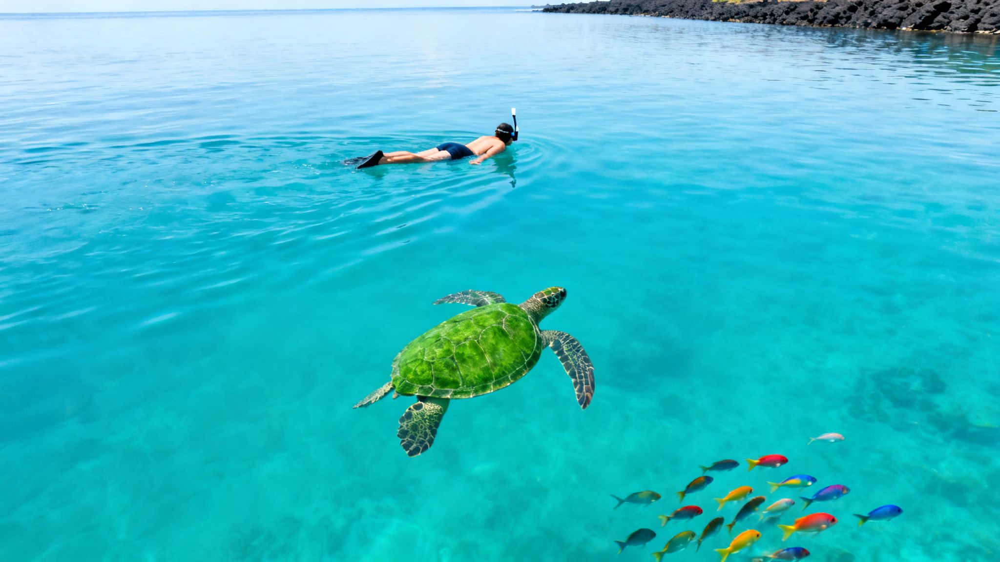 A person snorkeling in clear blue ocean water with a green sea turtle and colorful fish.