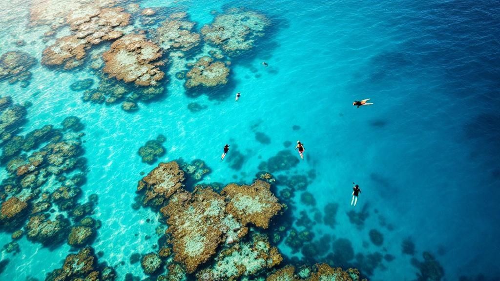 A vibrant underwater scene in Kealakekua Bay, with colorful coral and schools of tropical fish swimming in clear blue water.