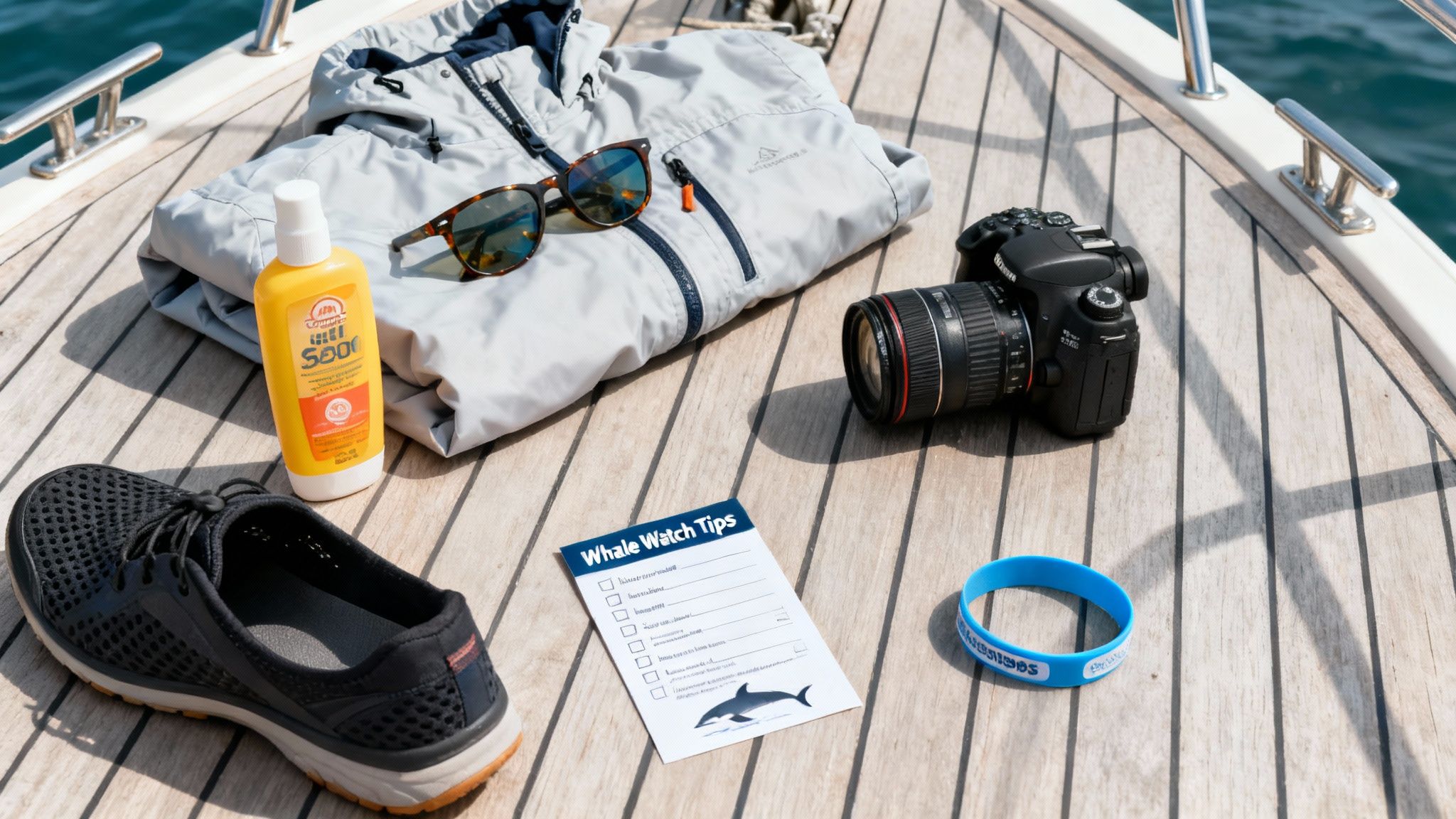 A collection of whale watch essentials, including a jacket, sunscreen, camera, and tips sheet, on a boat deck.