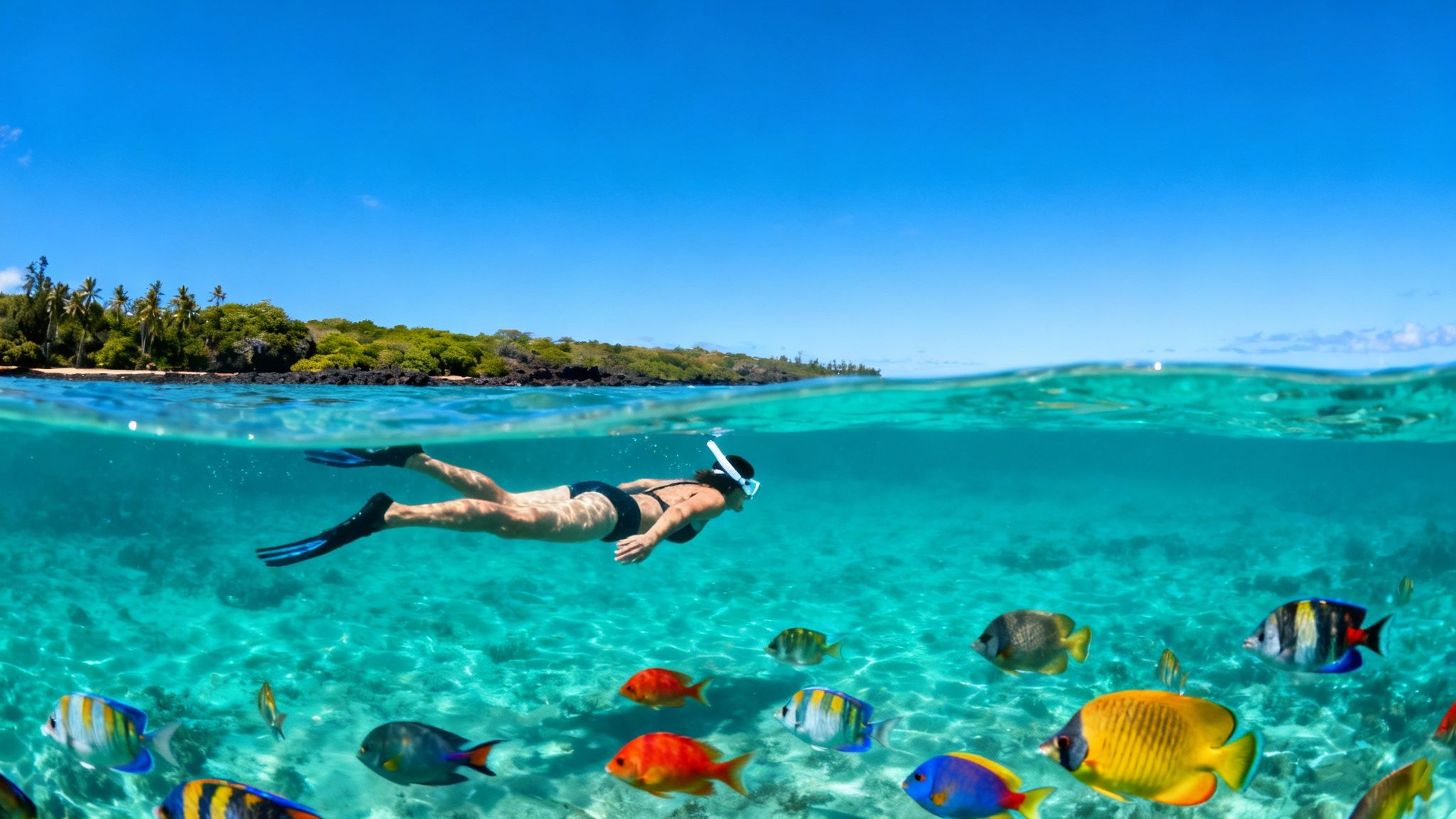 A person snorkeling in turquoise ocean water with colorful tropical fish near a lush island under a blue sky.