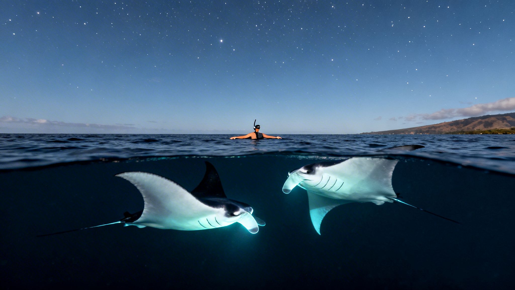 A snorkeler watches two glowing manta rays under a starry night sky near a distant shore.