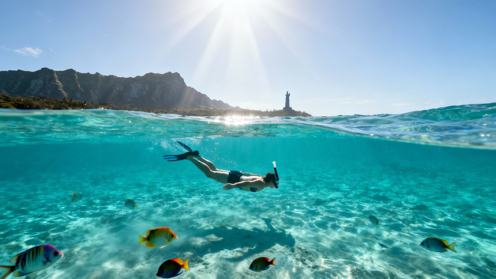 A person snorkeling in crystal clear blue water with colorful fish, an island, mountains, and a statue.