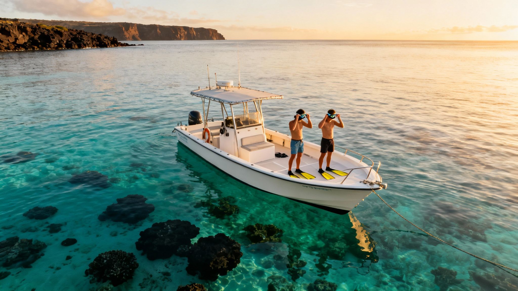 Two men on a boat prepare to snorkel in clear Hawaiian waters at sunset near a rocky coastline.