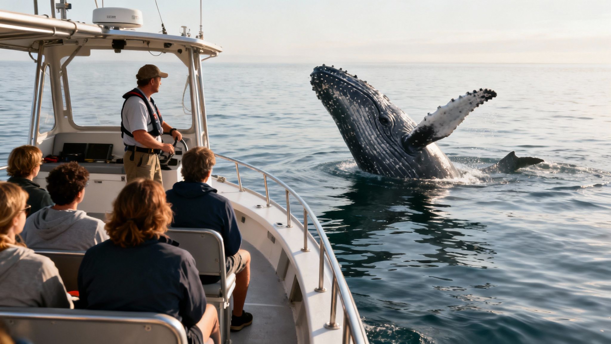 People on a boat observe a magnificent humpback whale surfacing near them during a tour.