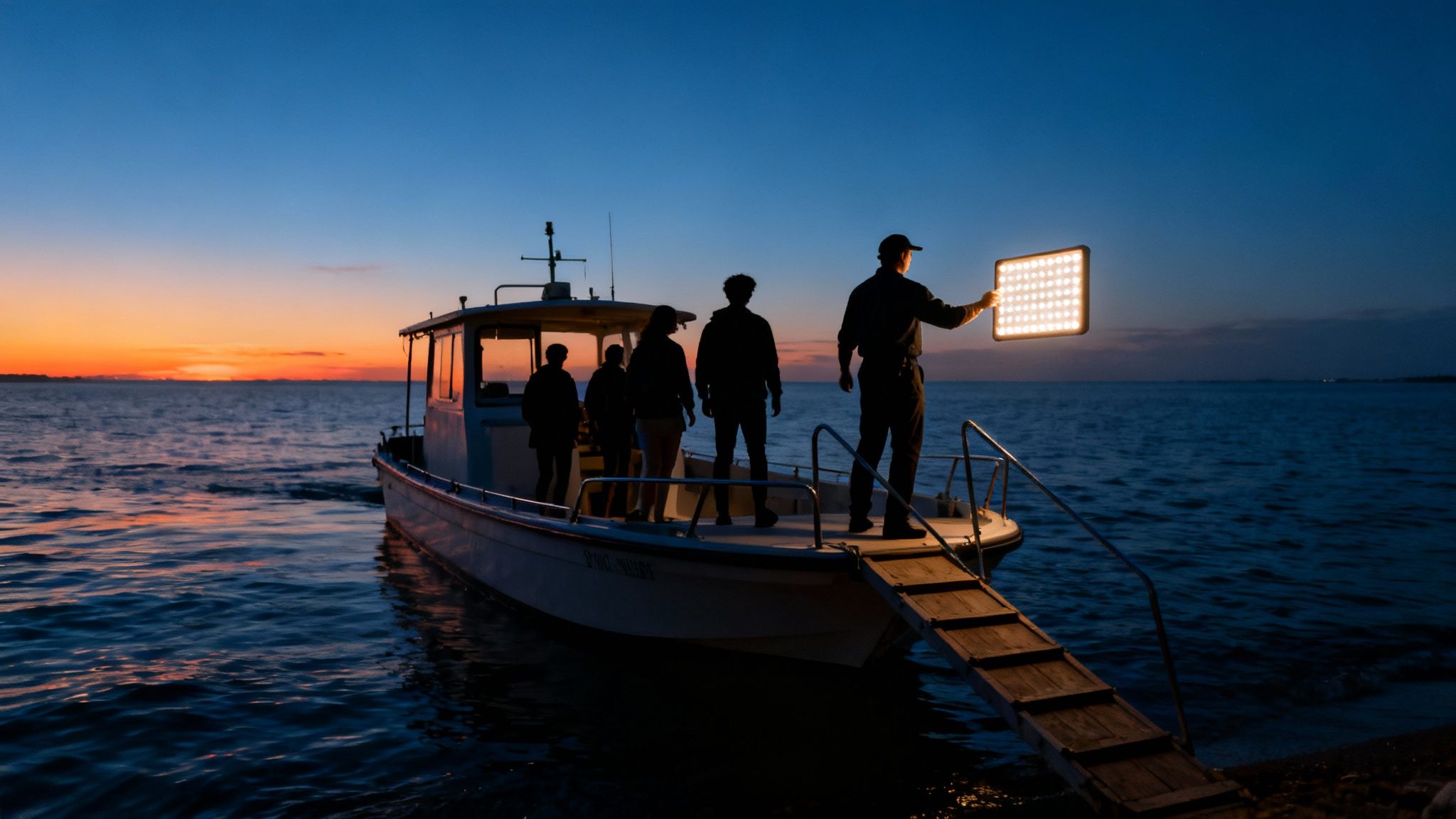 Silhouettes of people on a boat at sunset, with one holding a glowing LED light panel.