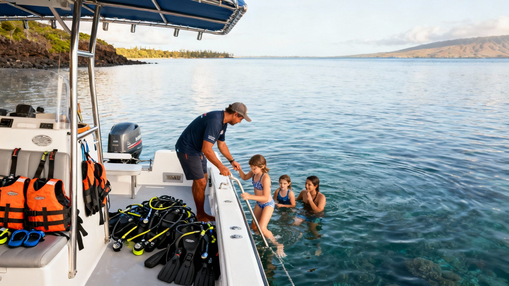 A man on a boat helps a young girl climb from the clear ocean water, with other children nearby.