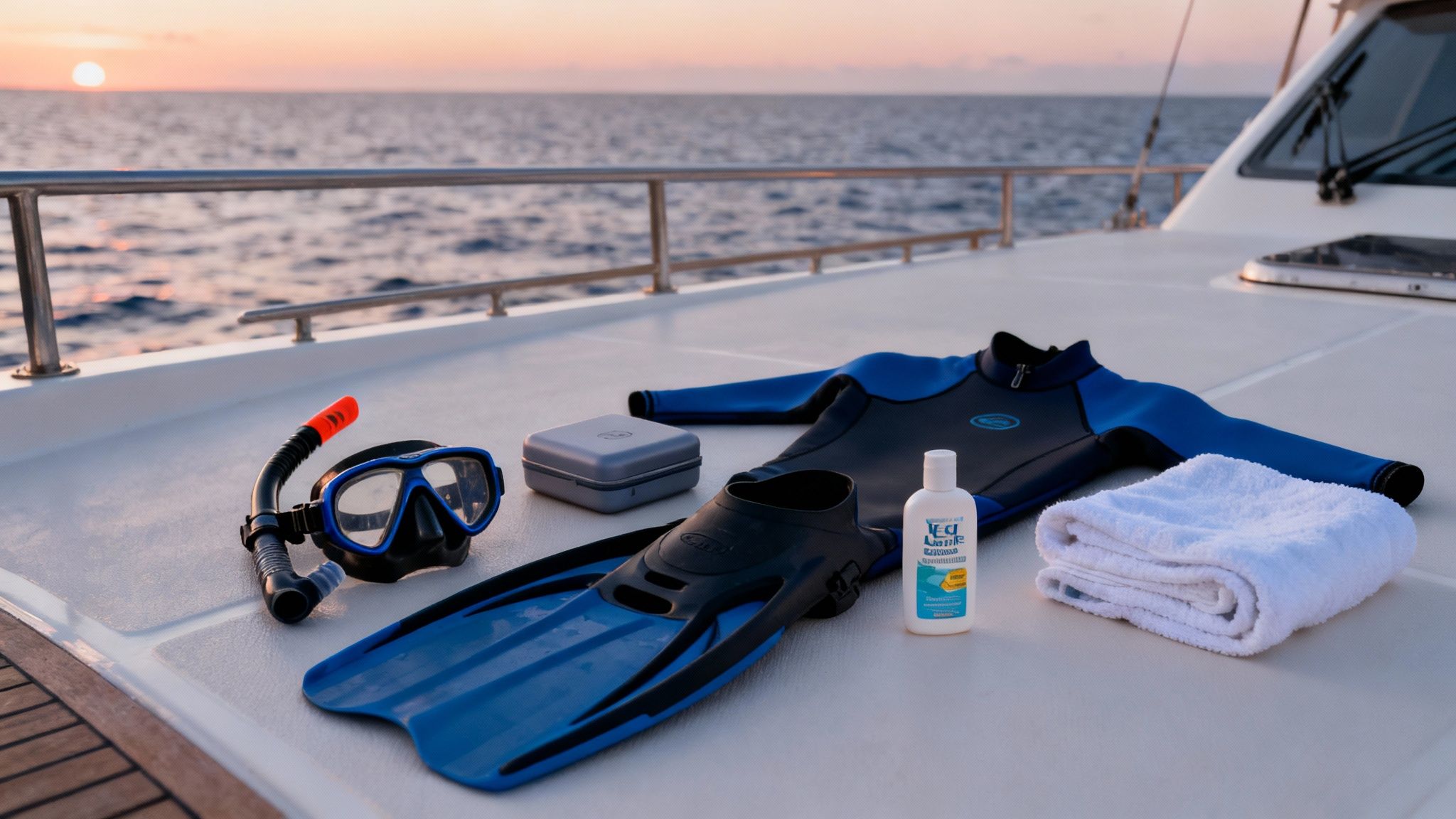 Snorkeling gear, wetsuit, sunscreen, and towel arranged on a boat deck at sunset.