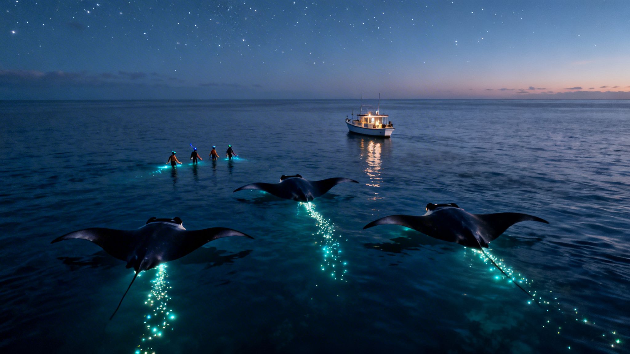 Three majestic manta rays glide through bioluminescent water with snorkelers and a boat at night.