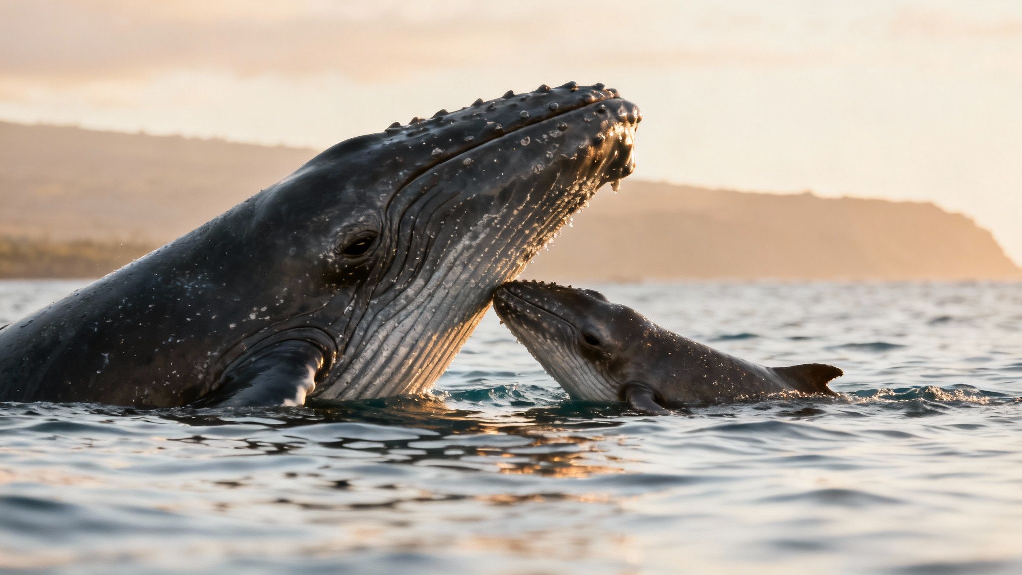 A humpback whale calf swimming alongside its mother in the clear blue water