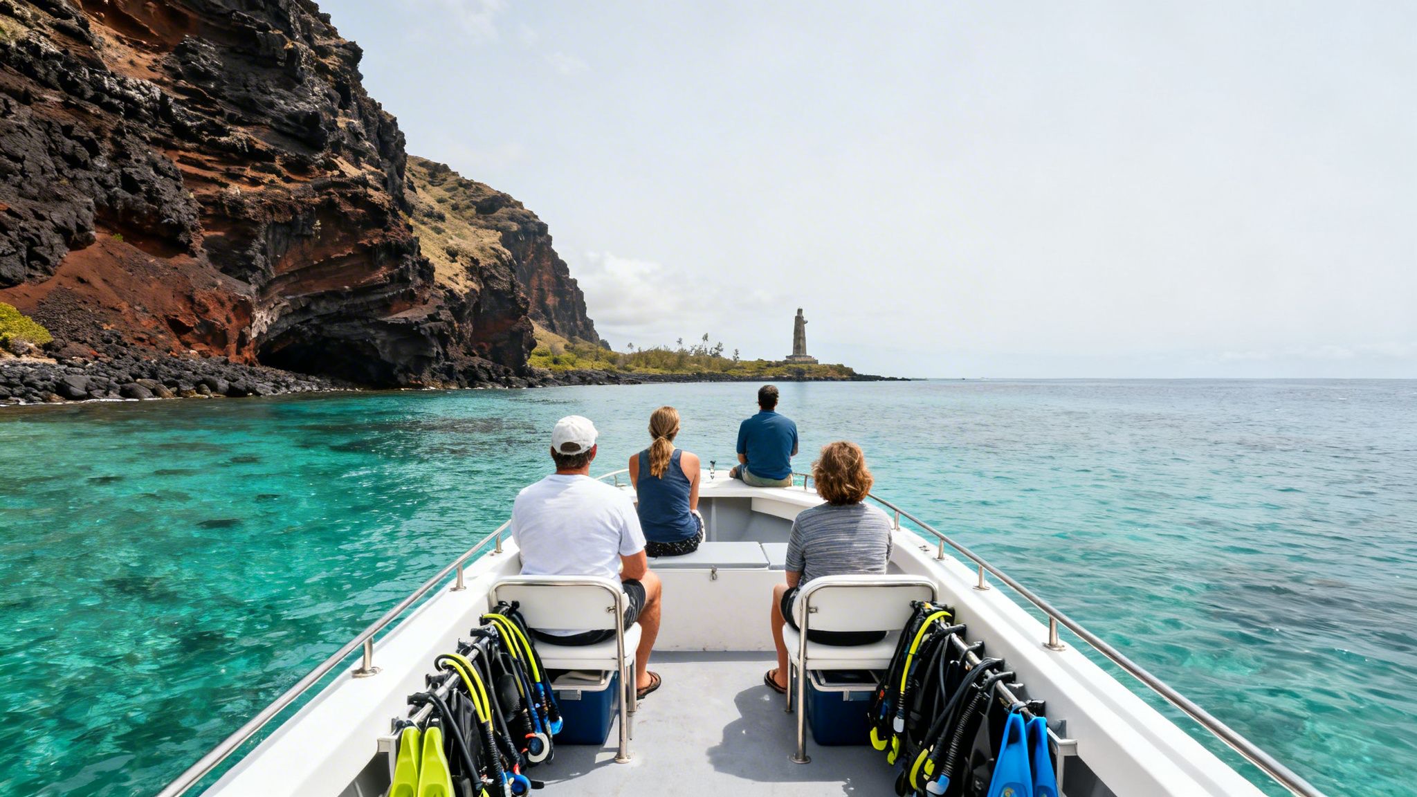 Four people on a dive boat in clear turquoise water near a rocky coast with a lighthouse.