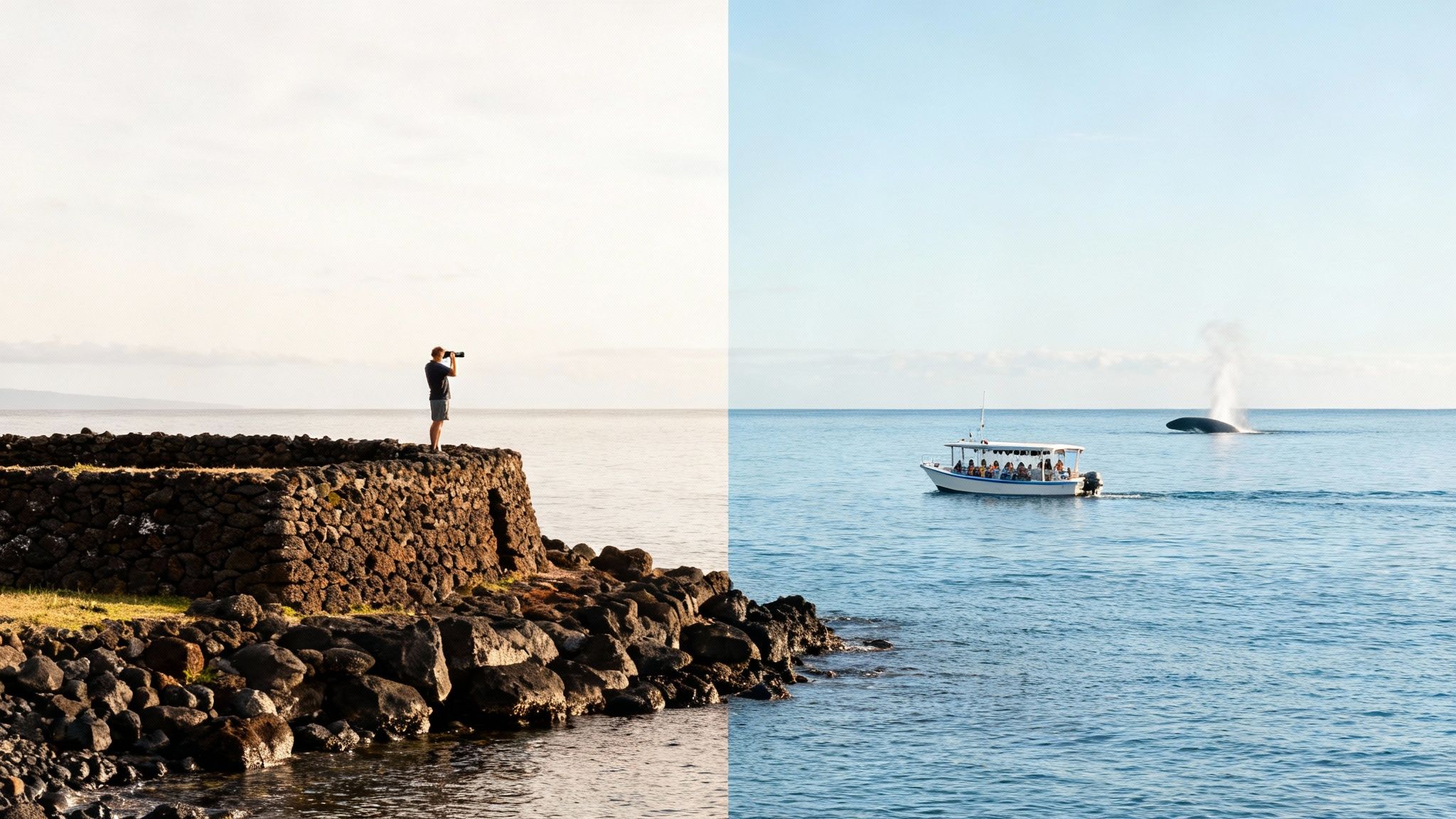 A man observes the ocean with binoculars from a rocky shore while a boat watches a spouting whale.