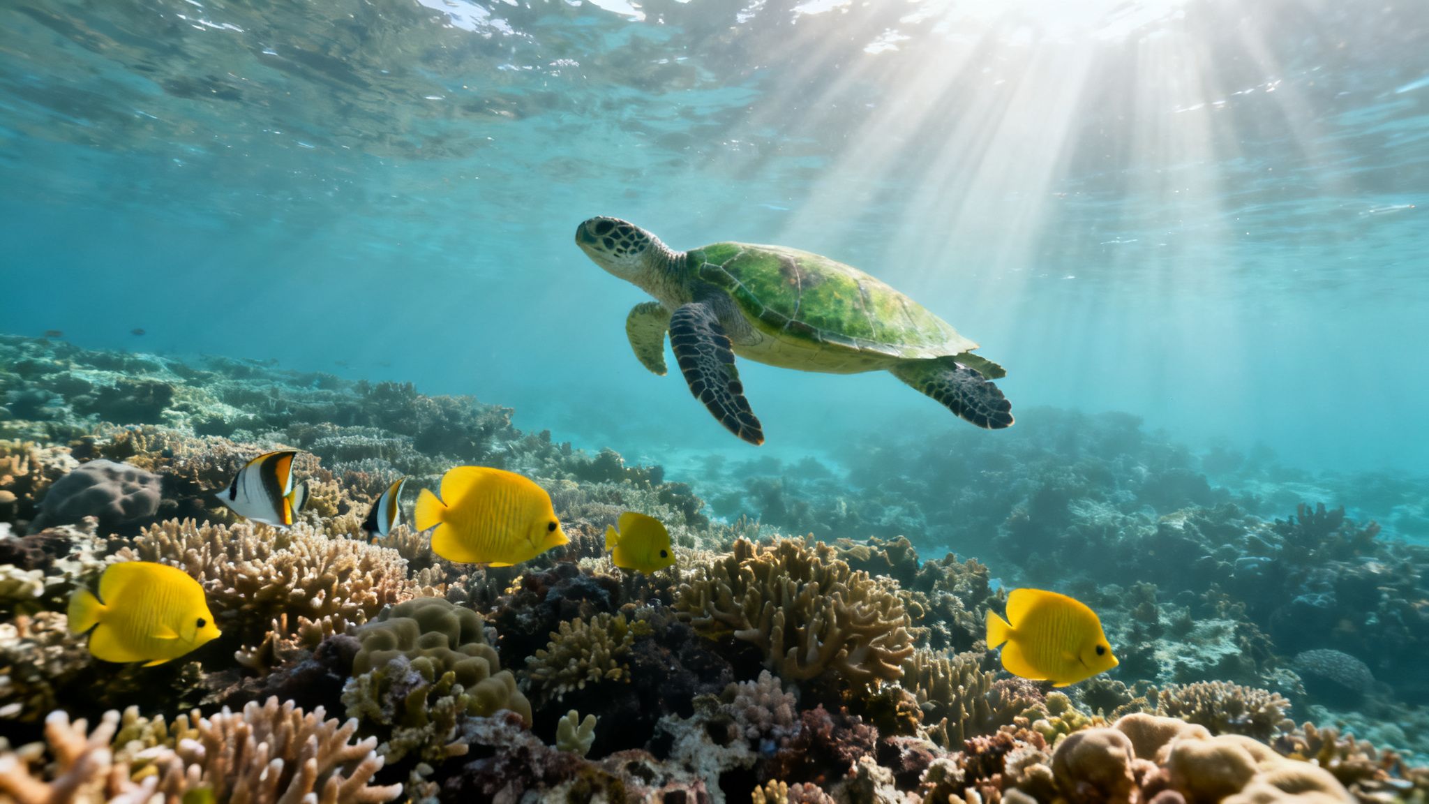 A green sea turtle swims above a vibrant coral reef with yellow fish and sun rays piercing the turquoise water.