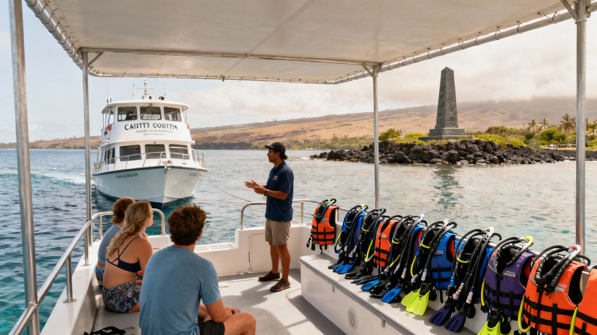 Snorkelers enjoying the clear, calm waters near the Captain Cook Monument in Kealakekua Bay.