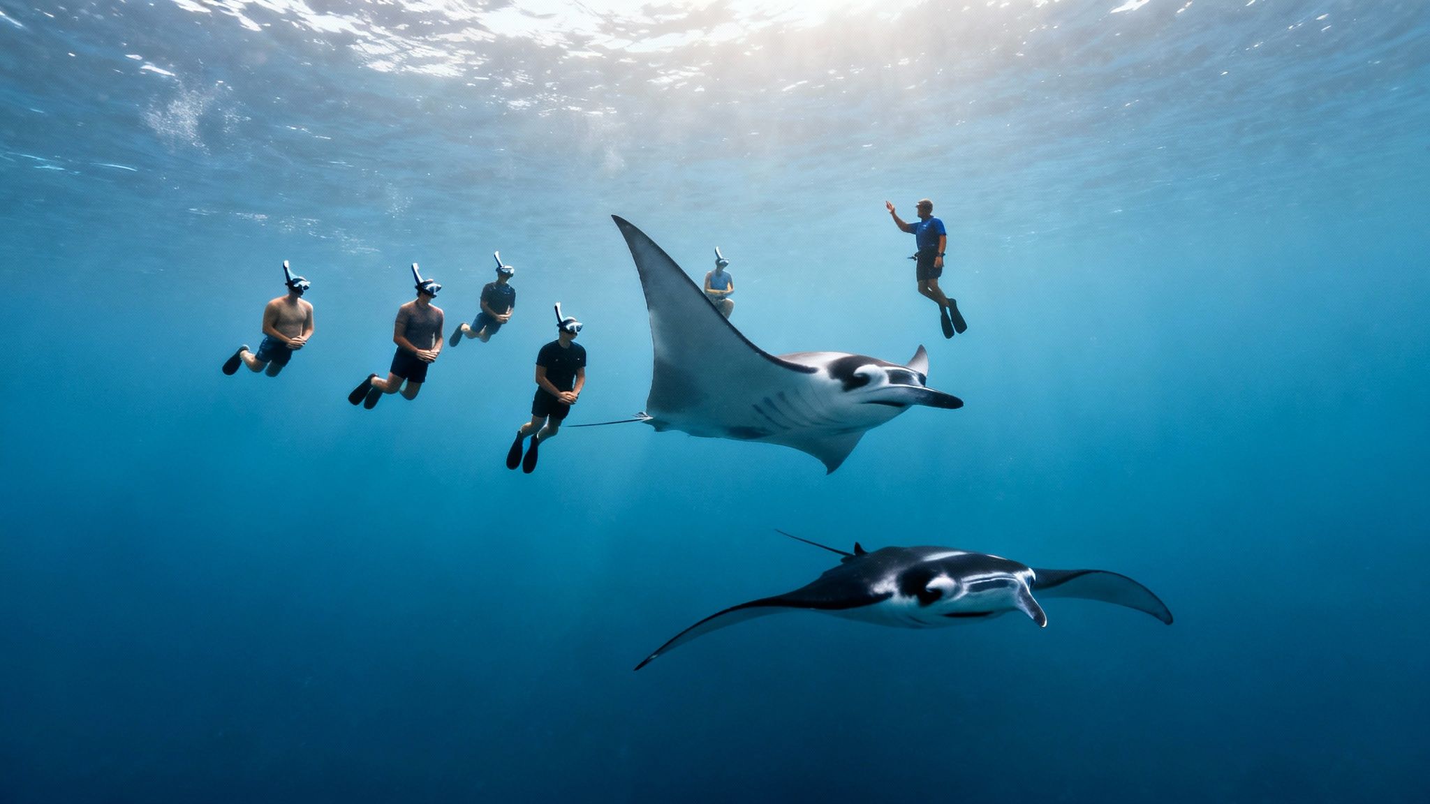 People snorkeling underwater with two large manta rays swimming gracefully in clear blue water.