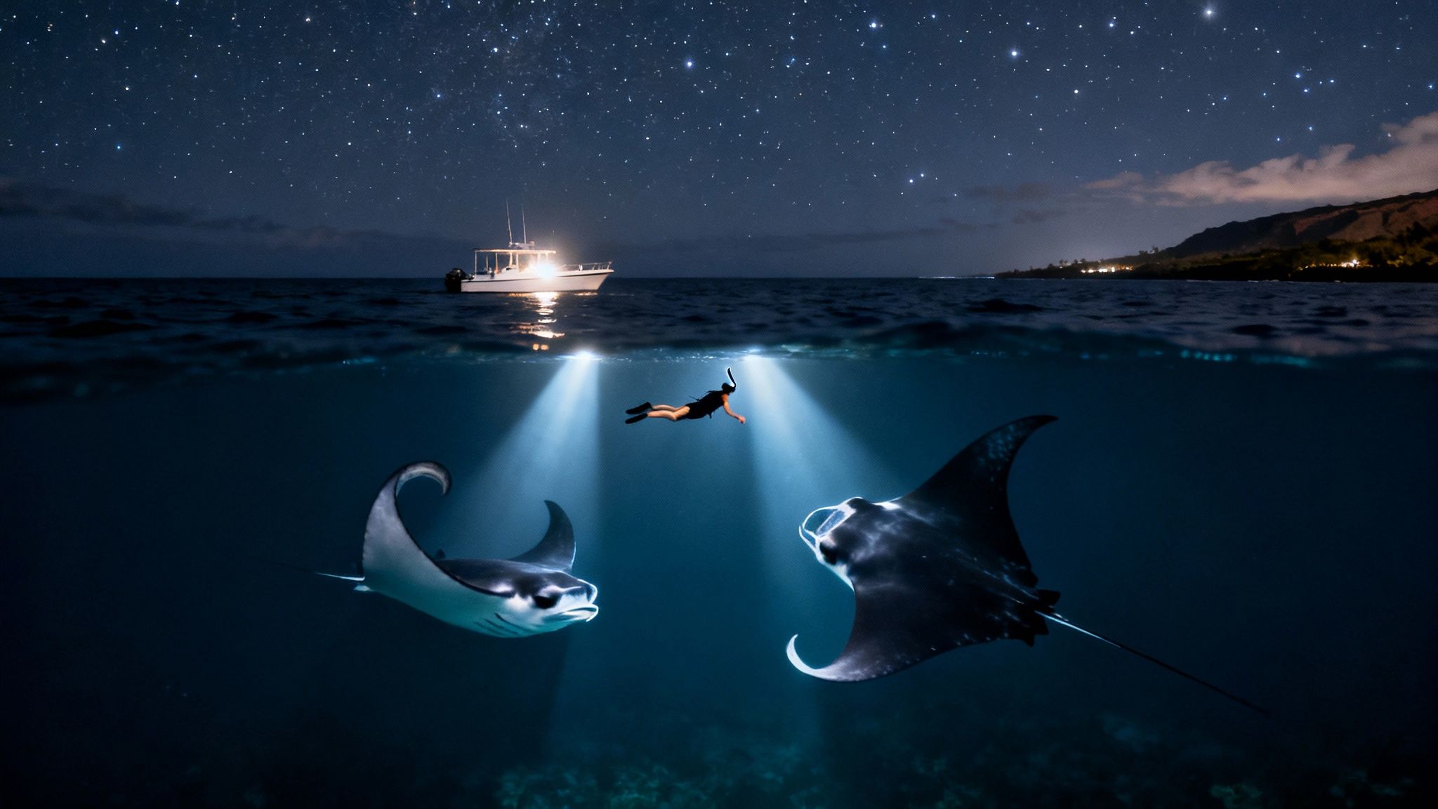 A person snorkeling at night with two giant manta rays, illuminated by boat lights under a starry sky.