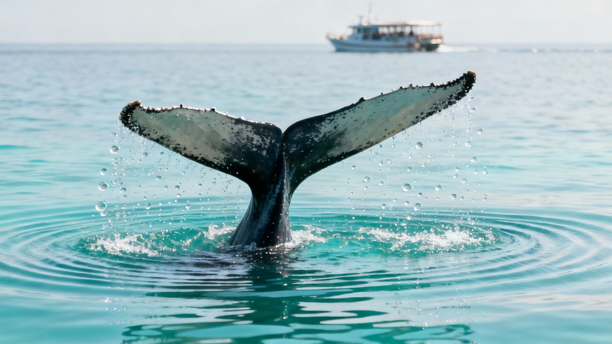 A humpback whale's tail emerging from the water during a Kona whale tour
