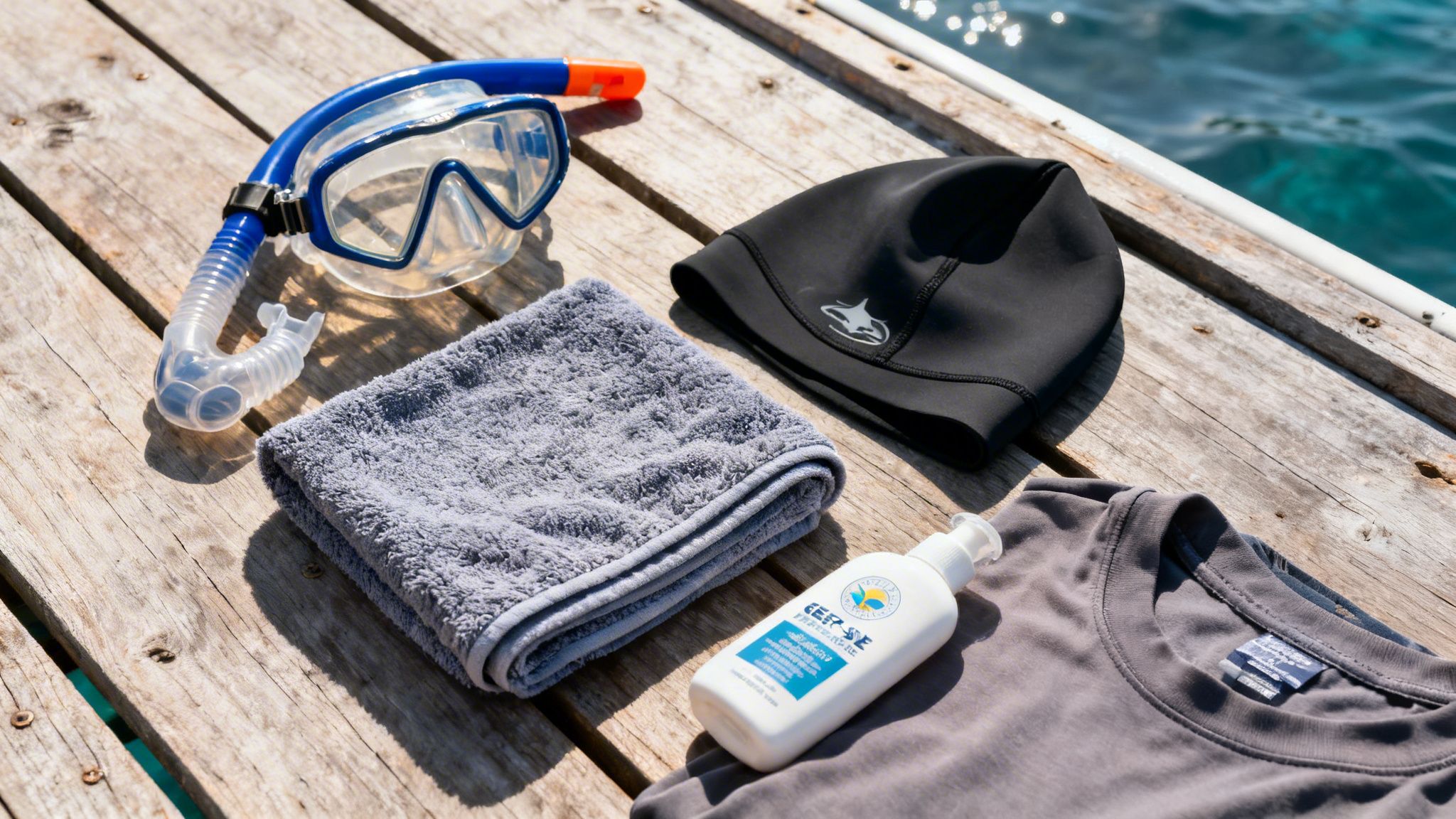 Snorkeling gear, towel, swim cap, and sunscreen laid out on a wooden deck by blue water.