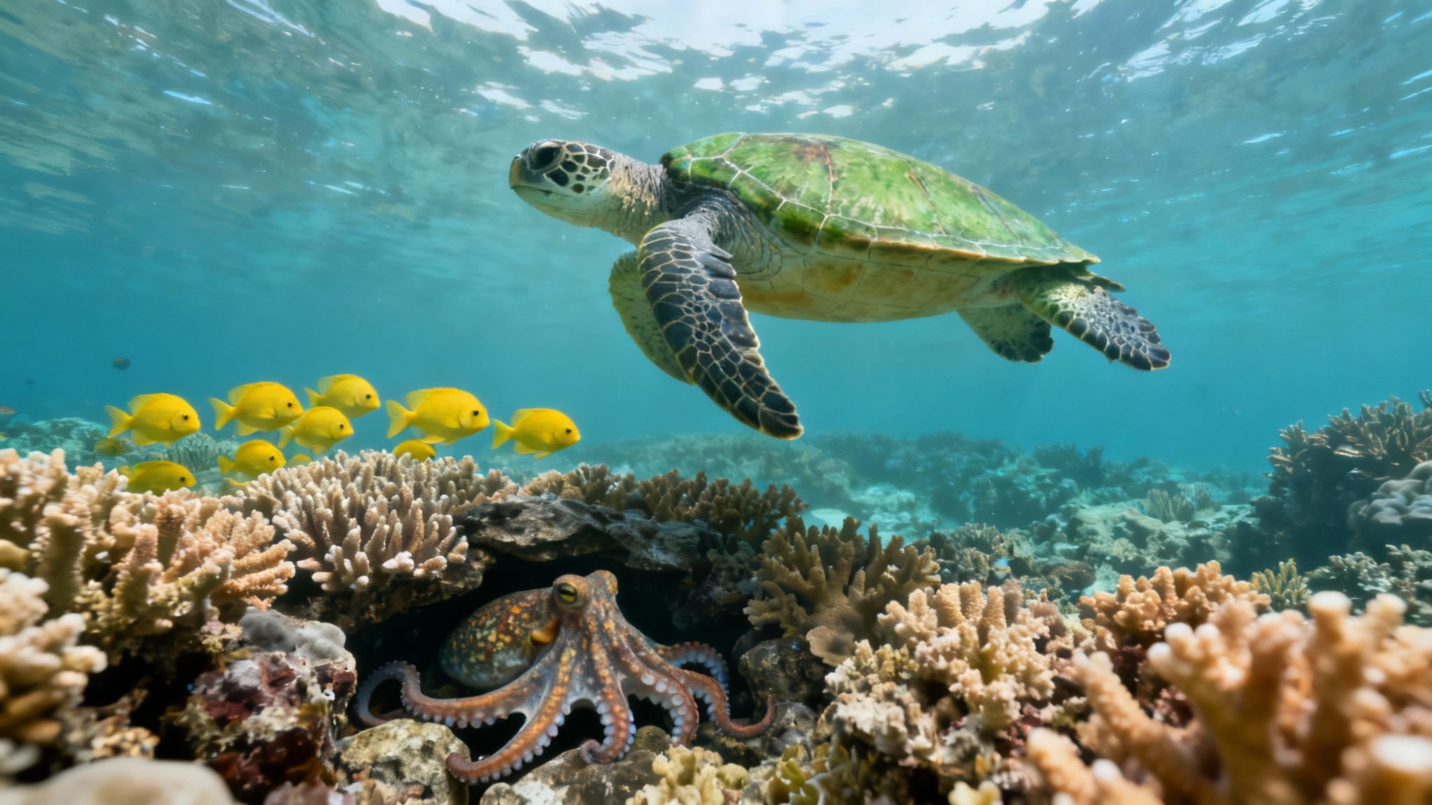 A vibrant underwater scene with a green sea turtle, yellow fish, octopus, and coral reef.