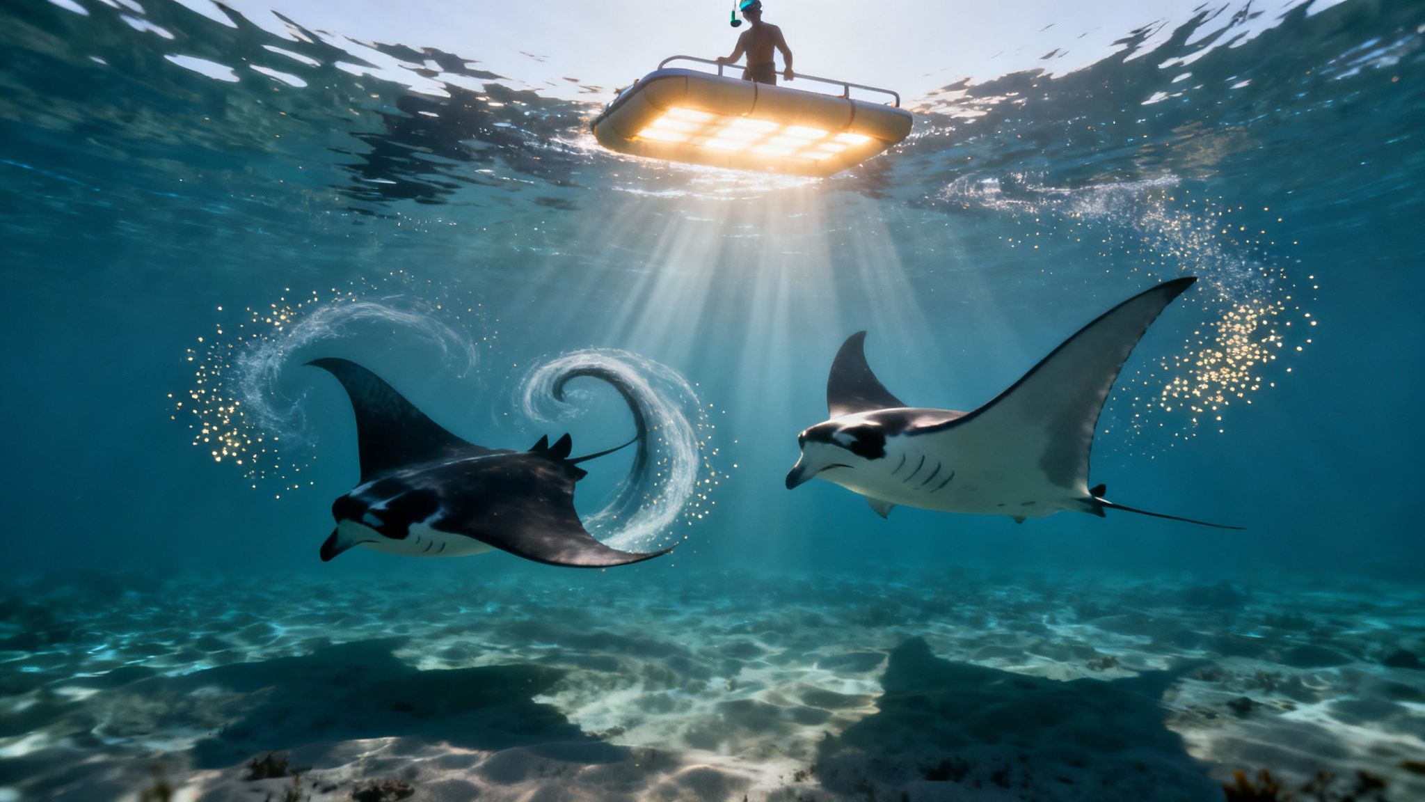 Two manta rays swim underwater, illuminated by a powerful light from a raft above, creating shimmering golden patterns.