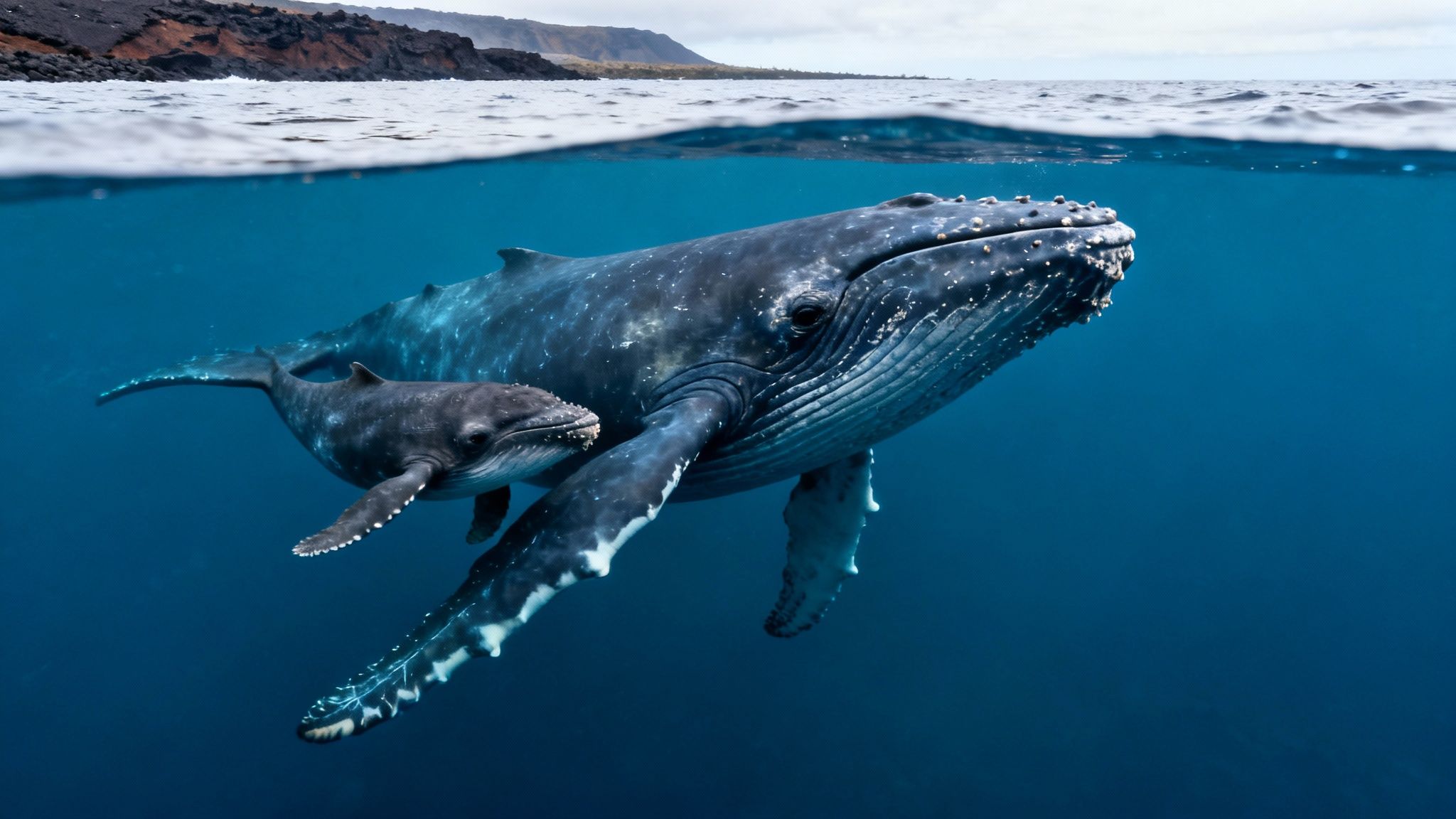 A majestic humpback whale and its calf swim gracefully underwater, with a rugged coastline visible above.