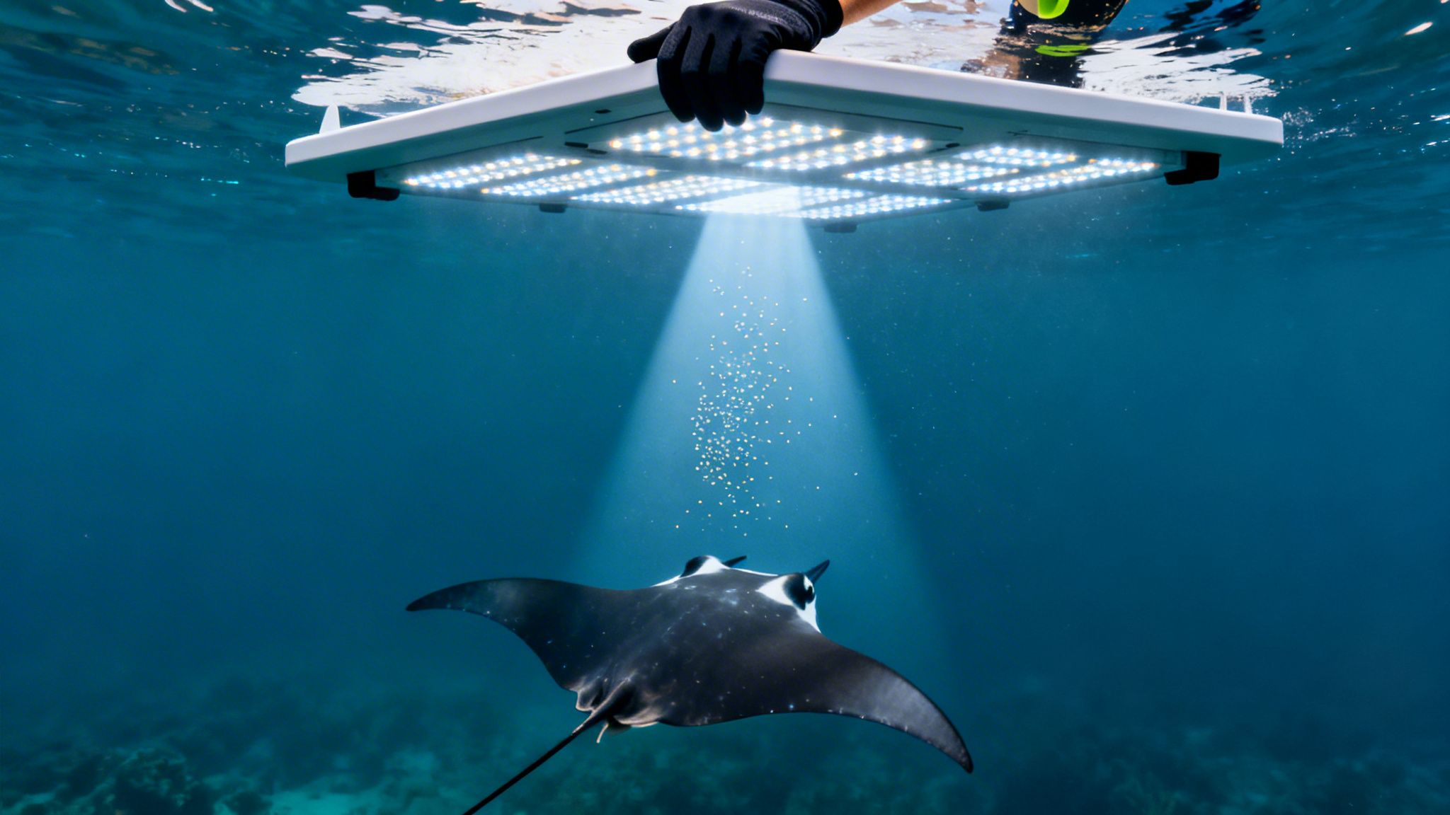 A manta ray feeds on plankton attracted by an underwater light held by a diver.