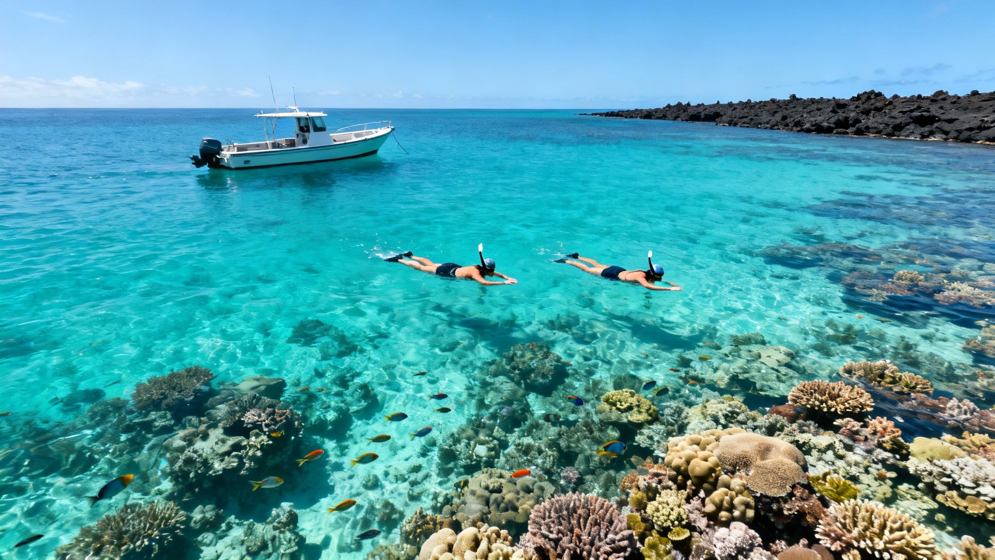 Two people snorkel in vibrant blue ocean water over a colorful coral reef, with a boat nearby.